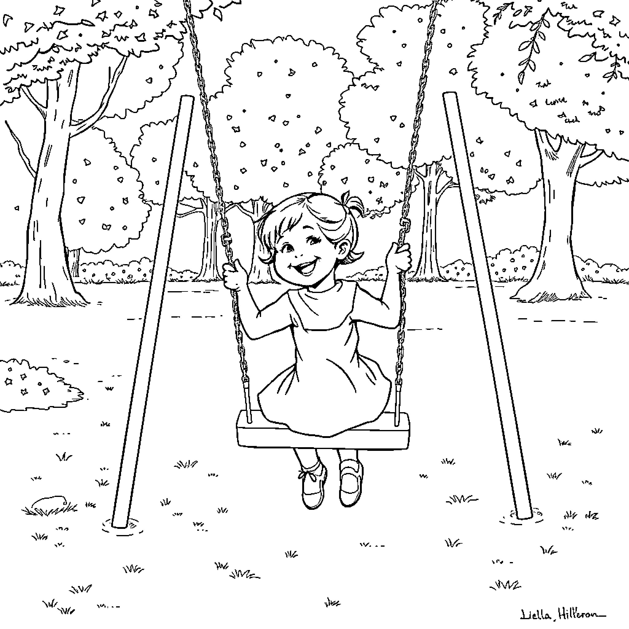 Girl enjoying a joyful swing in the park Coloring Page (free black-and-white line drawing printable PDF for all, from beginners to advanced learners, including children, teens, adults, and seniors)