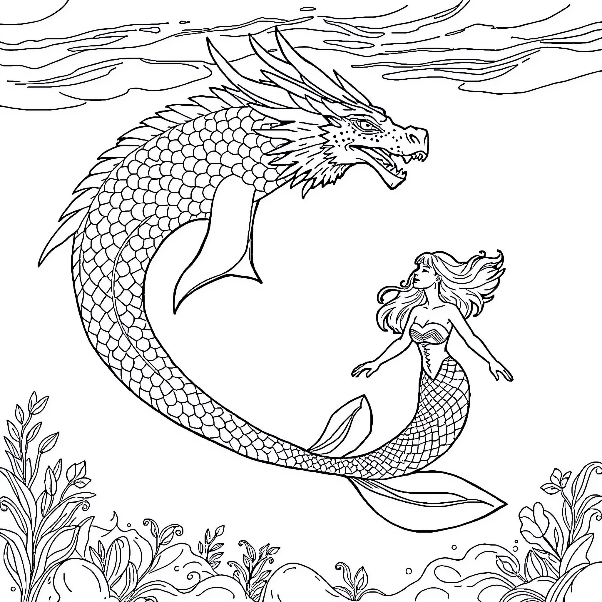 Mermaid swimming with a majestic dragon-like creature Coloring Page (free black-and-white line drawing printable PDF for all, from beginners to advanced learners, including children, teens, adults, and seniors)