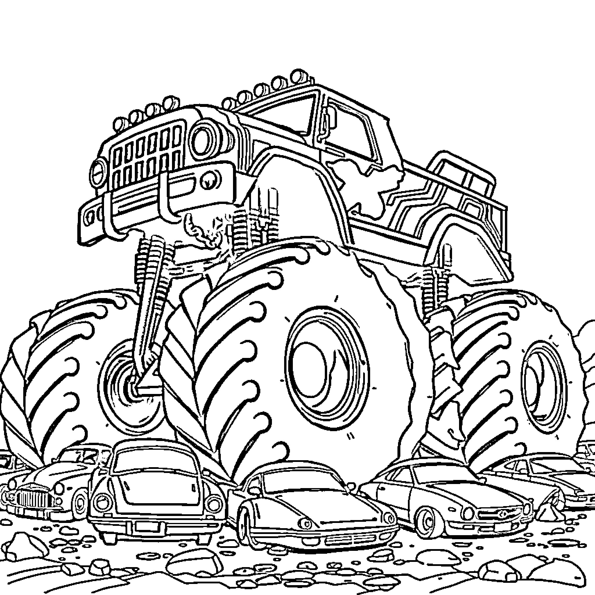 Monster Truck Crushing Small Cars Coloring Page (free black-and-white line drawing printable PDF for all, from beginners to advanced learners, including children, teens, adults, and seniors)