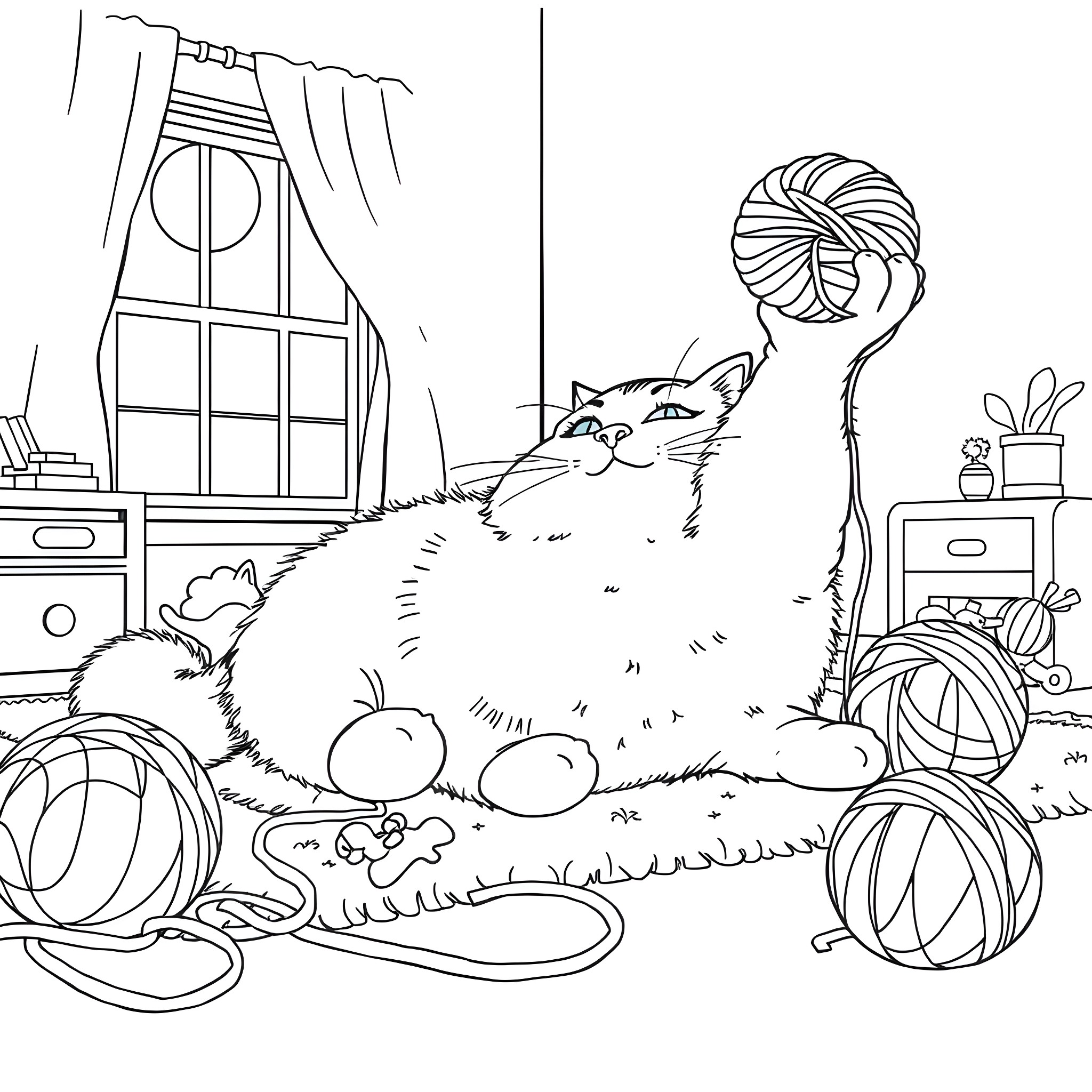 Cat lounging playfully in a cozy room Coloring Page (free black-and-white line drawing printable PDF for all, from beginners to advanced learners, including children, teens, adults, and seniors)