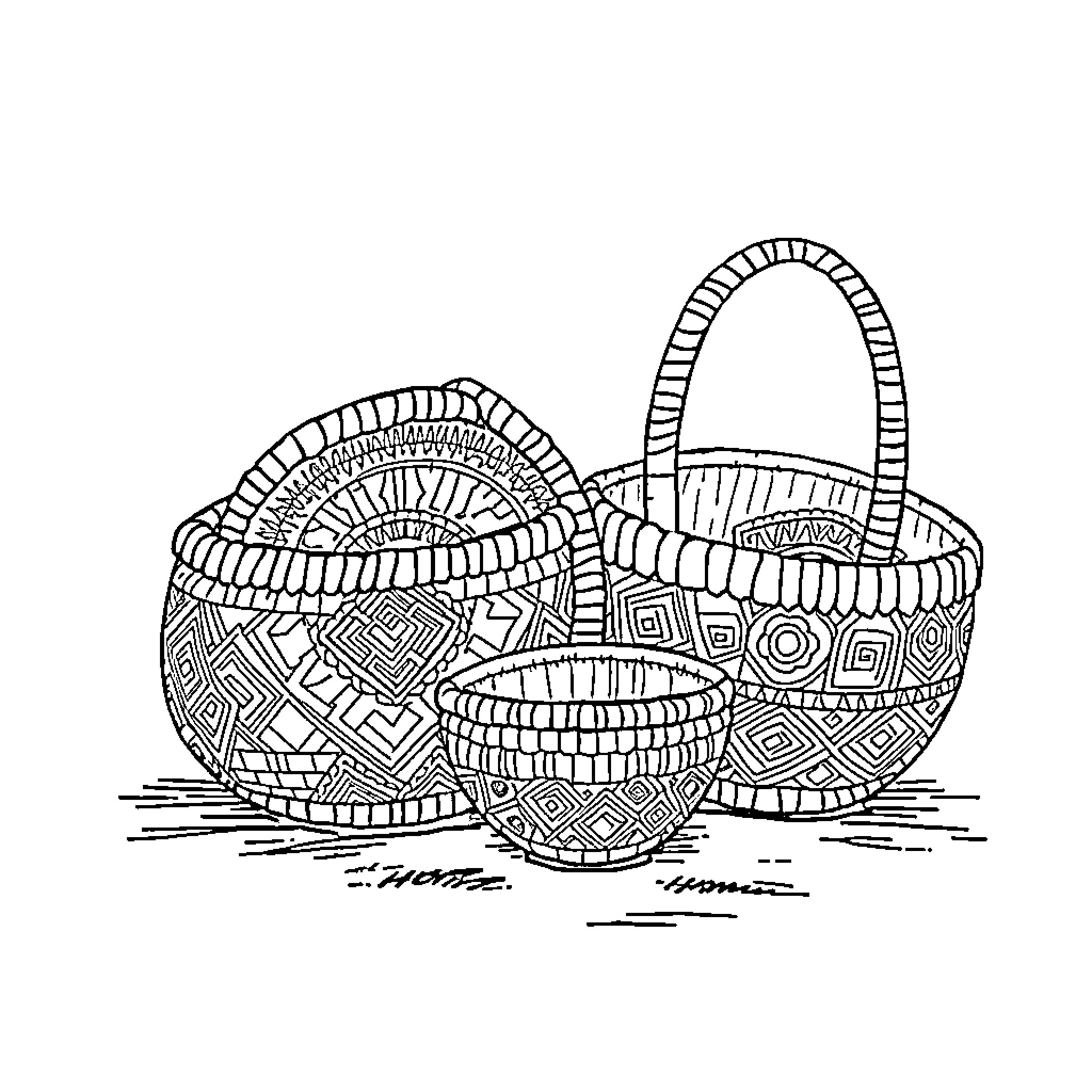 Basket of handcrafted woven items Coloring Page (free black-and-white line drawing printable PDF for all, from beginners to advanced learners, including children, teens, adults, and seniors)