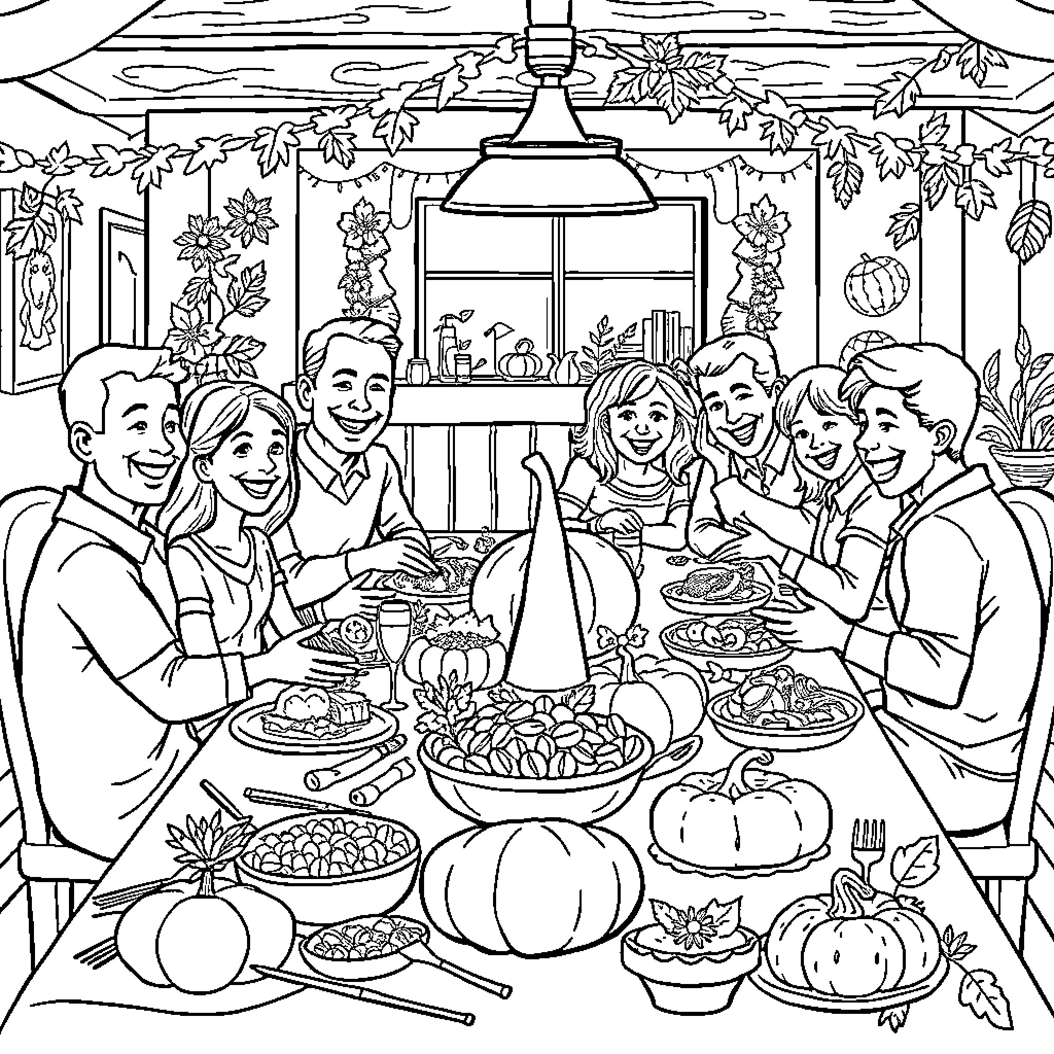 Family Enjoying Thanksgiving Feast Together Coloring Page (free black-and-white line drawing printable PDF for all, from beginners to advanced learners, including children, teens, adults, and seniors)