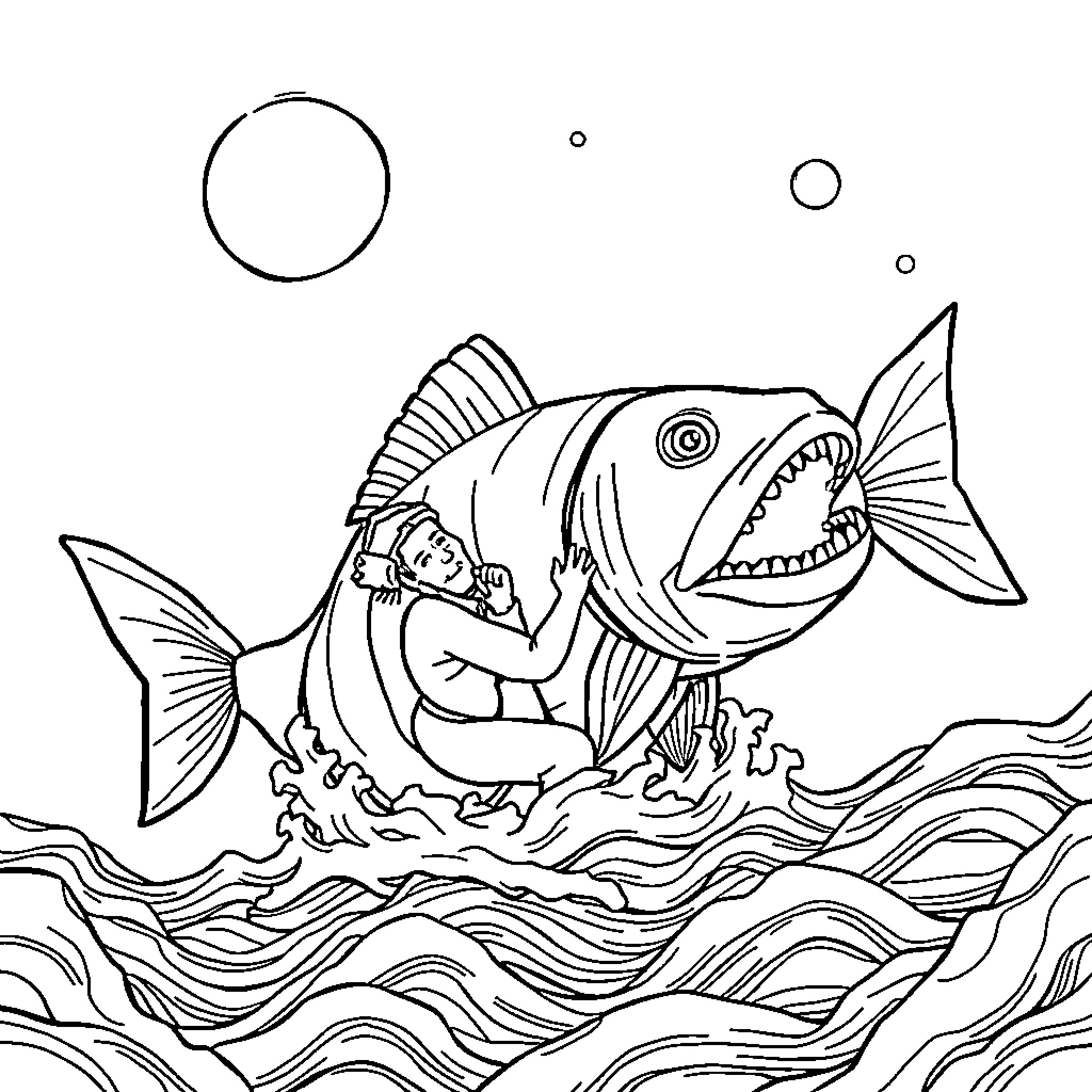 Jonah exploring the underwater world with a giant fish Coloring Page (free black-and-white line drawing printable PDF for all, from beginners to advanced learners, including children, teens, adults, and seniors)