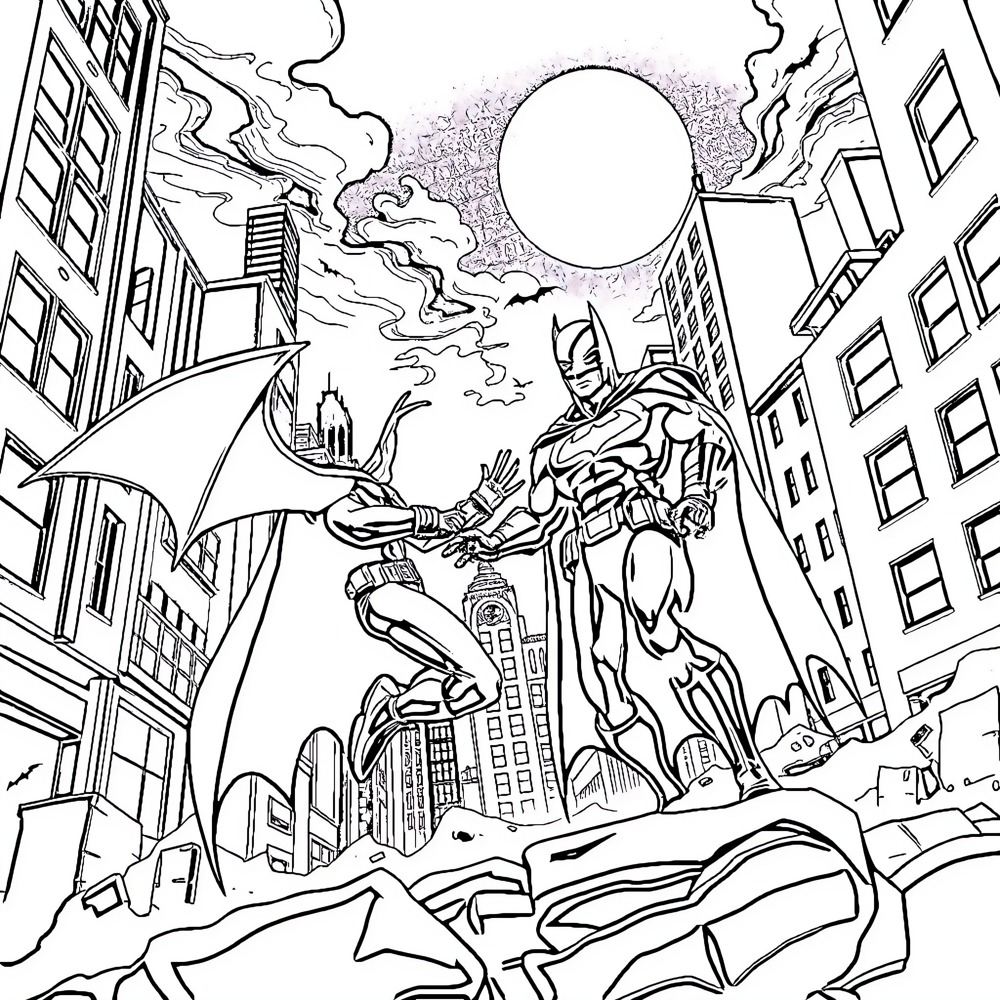 Creeper Superhero Battles in the Cityscape Coloring Page (free black-and-white line drawing printable PDF for all, from beginners to advanced learners, including children, teens, adults, and seniors)