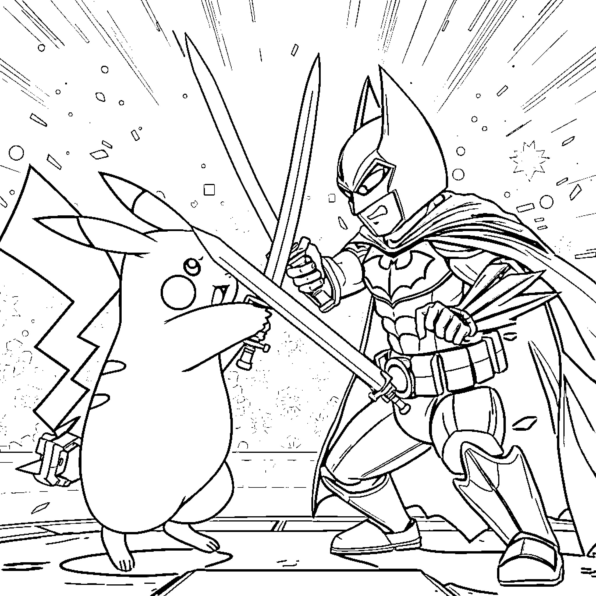 Pikachu facing off against an armored superhero Coloring Page (free black-and-white line drawing printable PDF for all, from beginners to advanced learners, including children, teens, adults, and seniors)