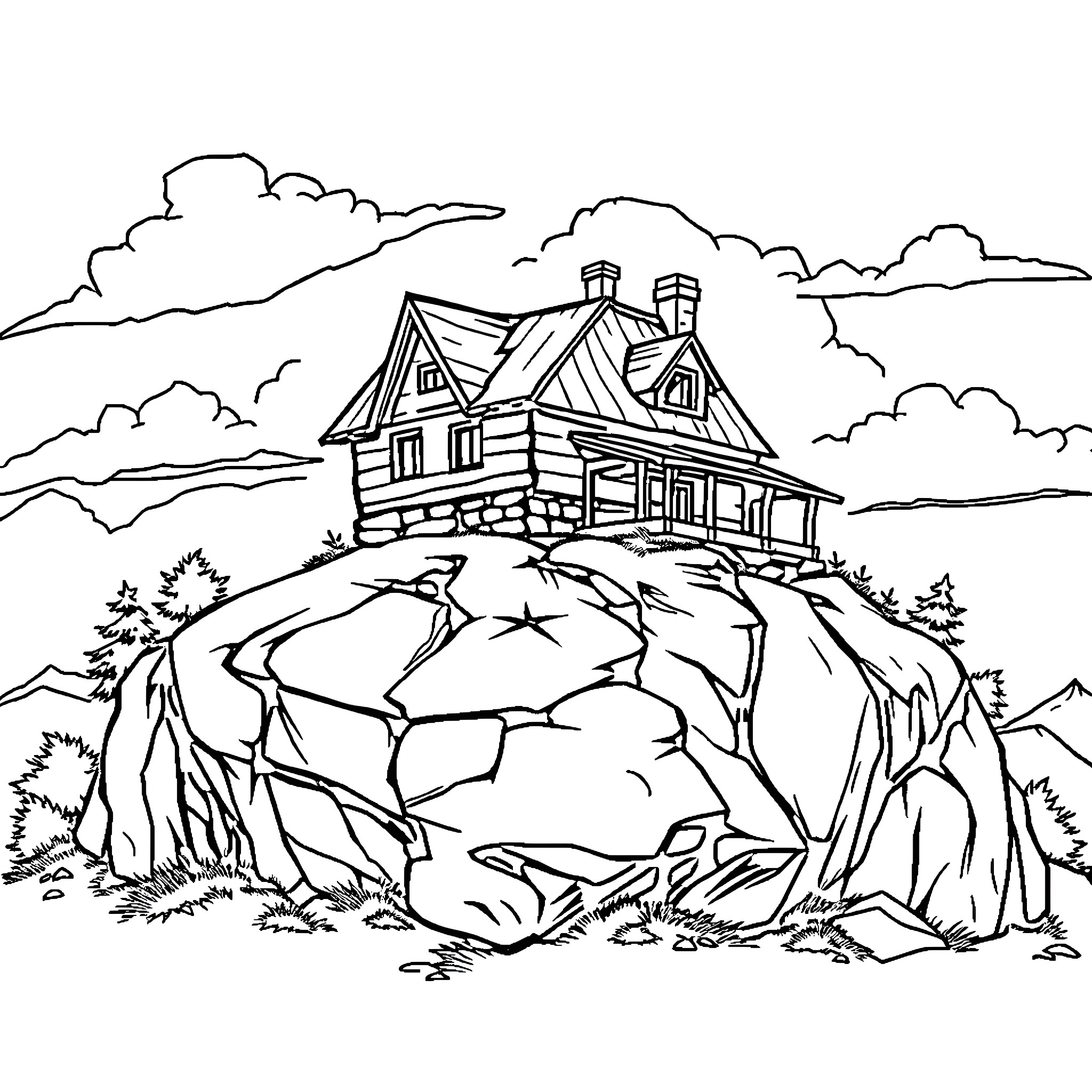 House on Rocky Hilltop with Scenic Landscape Coloring Page (free black-and-white line drawing printable PDF for all, from beginners to advanced learners, including children, teens, adults, and seniors)