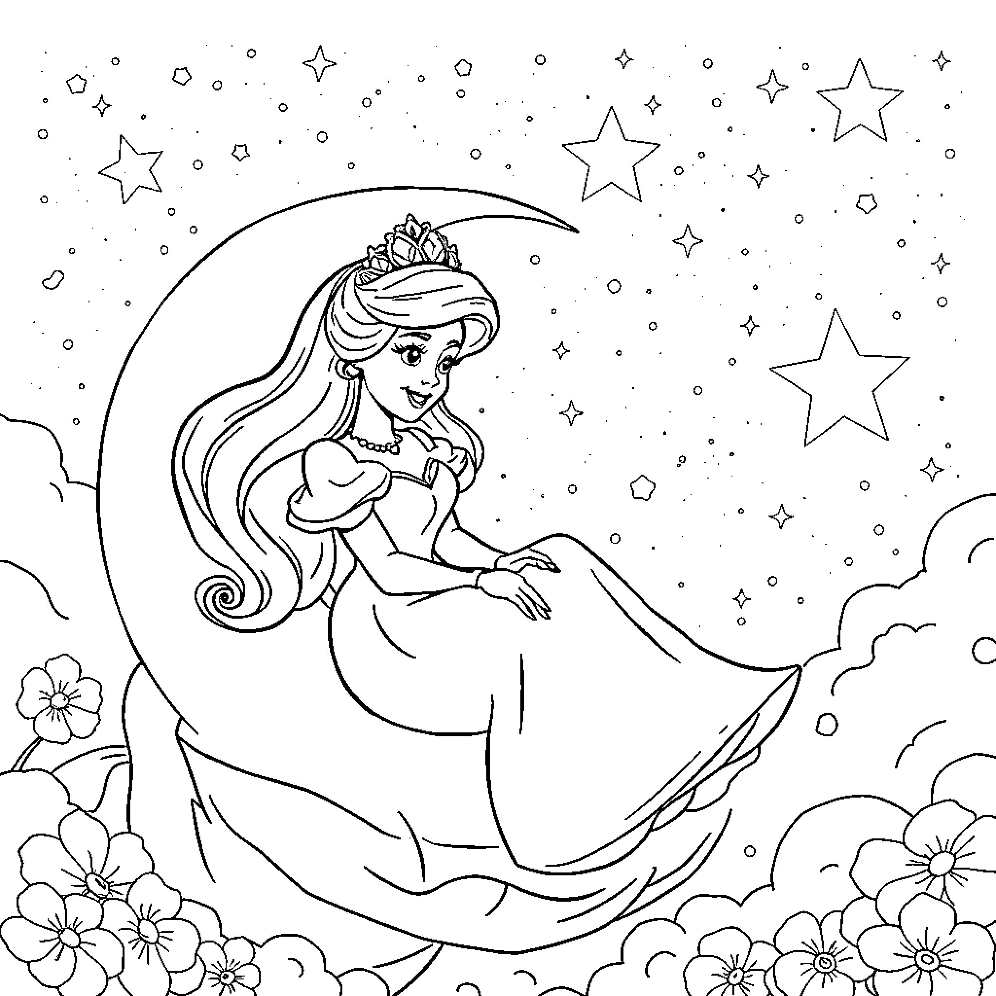 Marie's Starry Night Dream Coloring Page (free black-and-white line drawing printable PDF for all, from beginners to advanced learners, including children, teens, adults, and seniors)