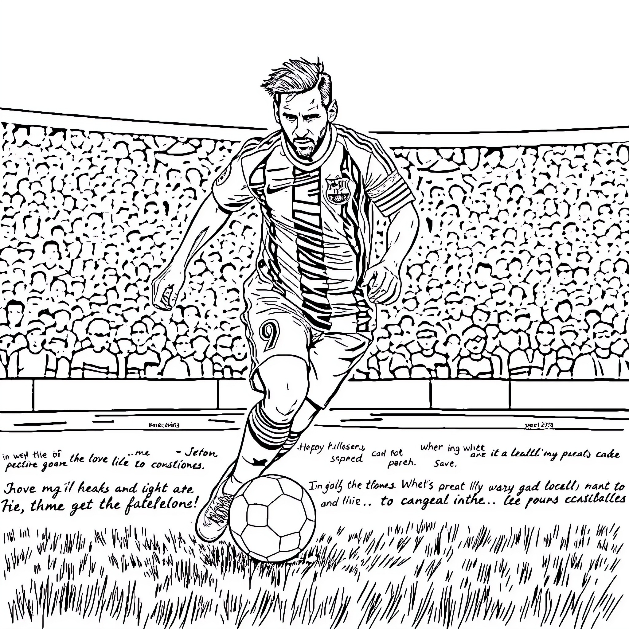 Messi Dribbling Through Defenders on the Pitch Coloring Page (free black-and-white line drawing printable PDF for all, from beginners to advanced learners, including children, teens, adults, and seniors)