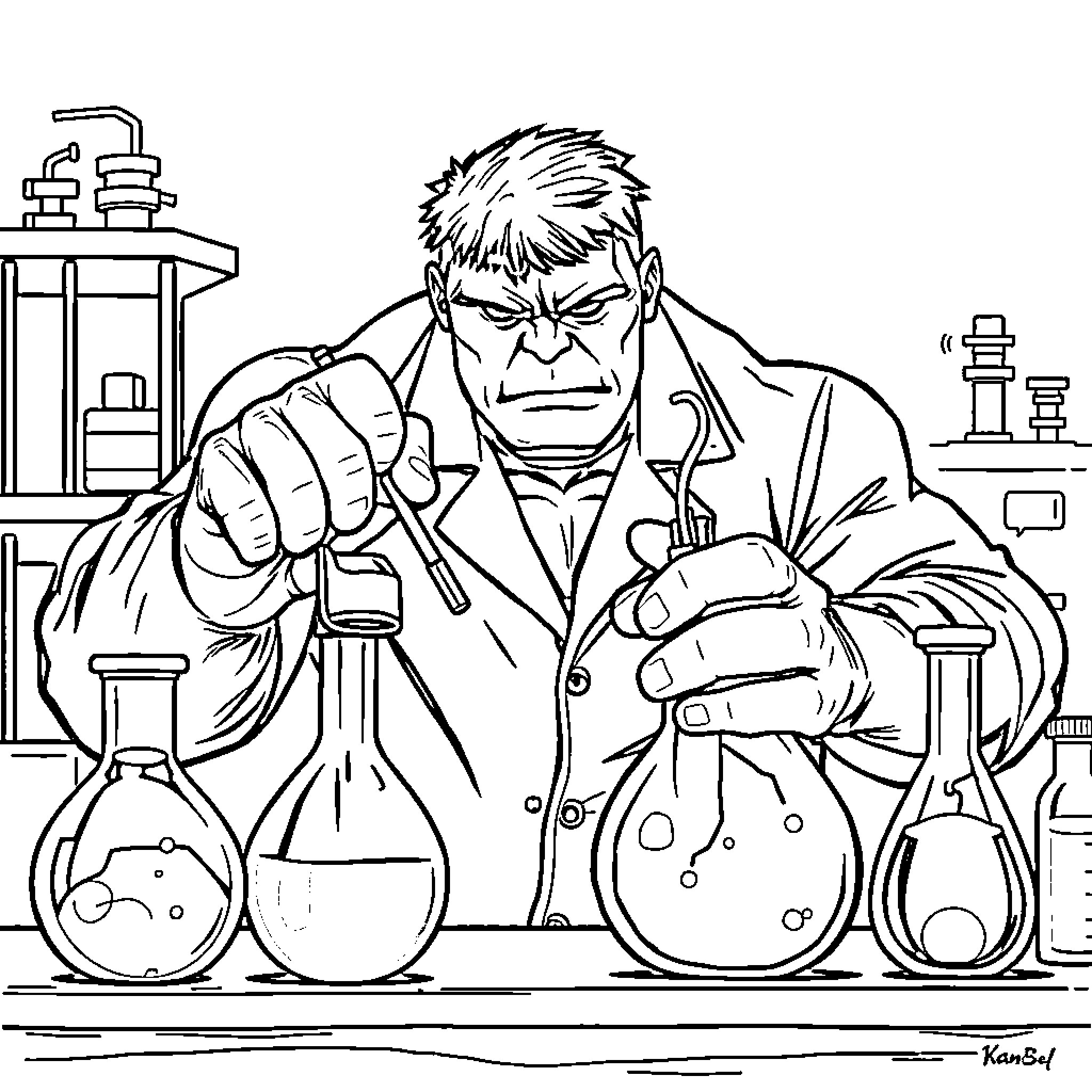 Hulk Scientist Conducting Experiments in Laboratory Coloring Page (free black-and-white line drawing printable PDF for all, from beginners to advanced learners, including children, teens, adults, and seniors)