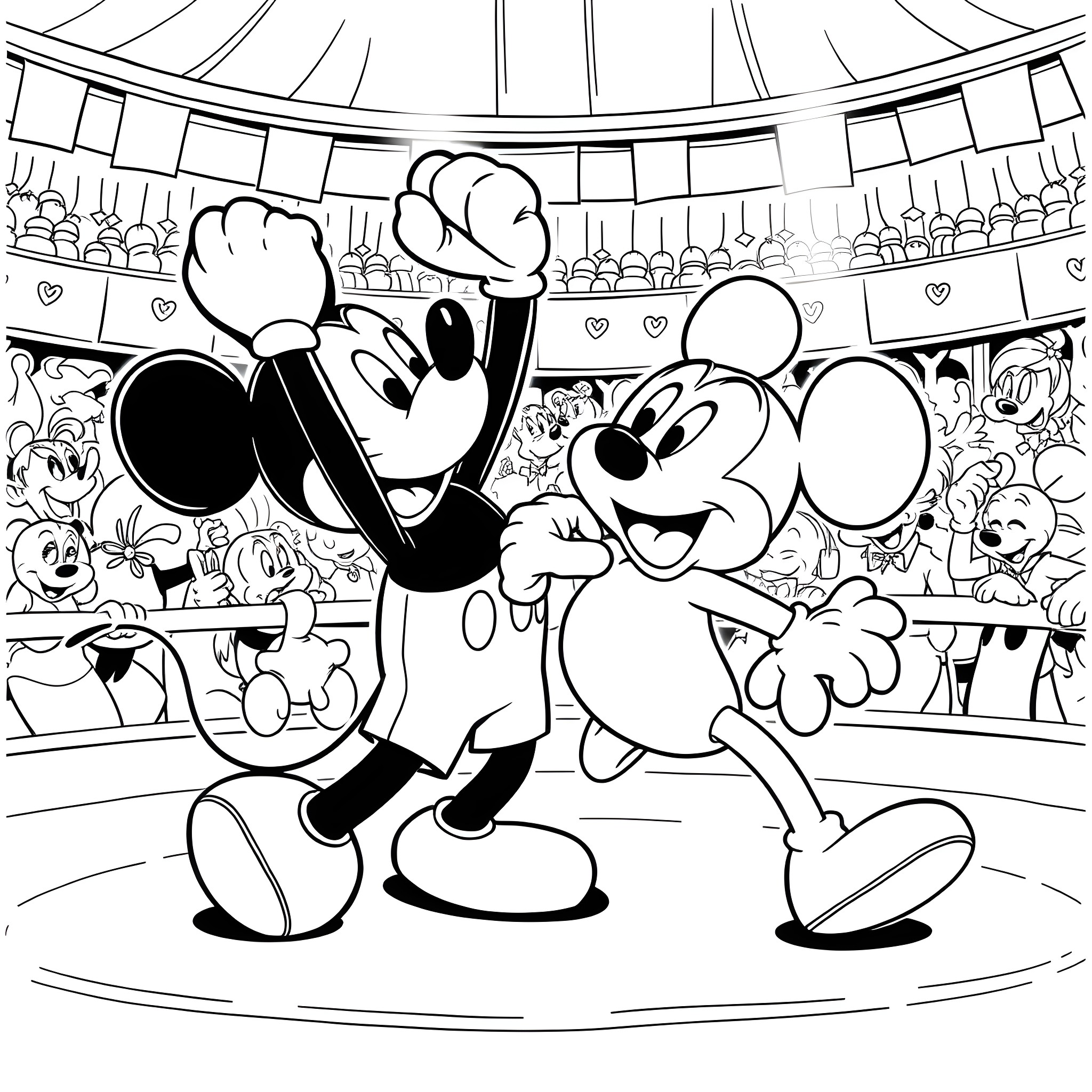 Mickey Mouse Entertaining Crowd with Friends in Arena Coloring Page (free black-and-white line drawing printable PDF for all, from beginners to advanced learners, including children, teens, adults, and seniors)