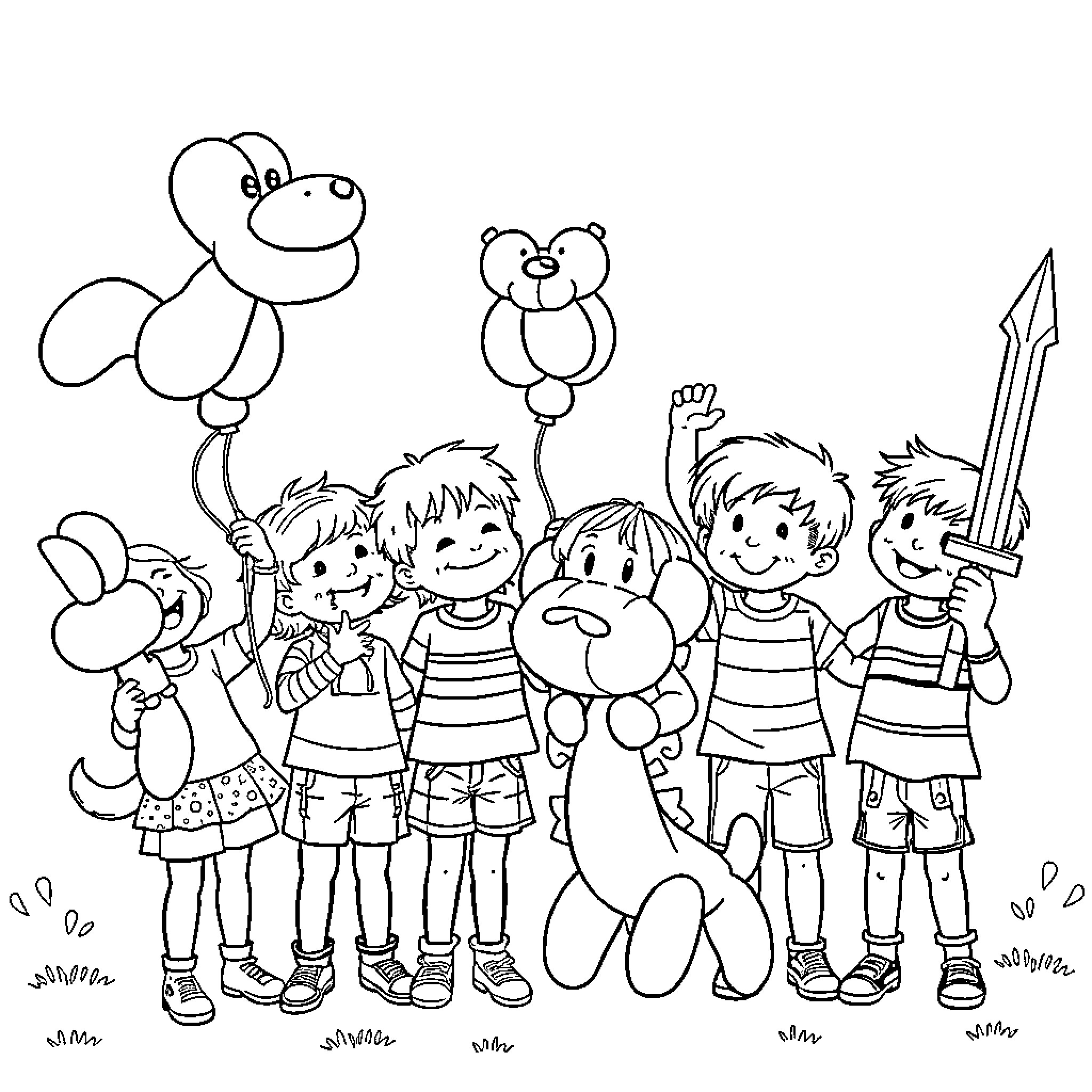 Kids playing happily with toys and balloons Coloring Page (free black-and-white line drawing printable PDF for all, from beginners to advanced learners, including children, teens, adults, and seniors)