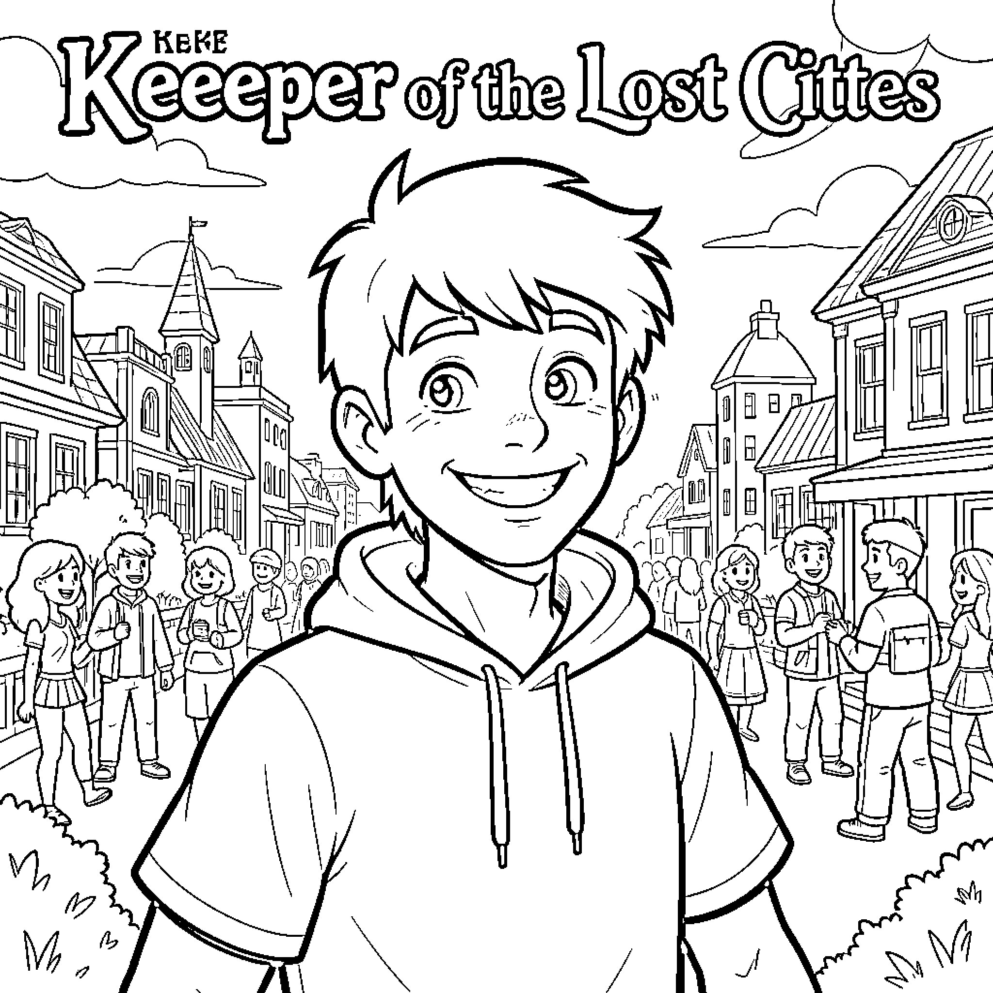 Keefe smiling happily in a busy town street Coloring Page (free black-and-white line drawing printable PDF for all, from beginners to advanced learners, including children, teens, adults, and seniors)