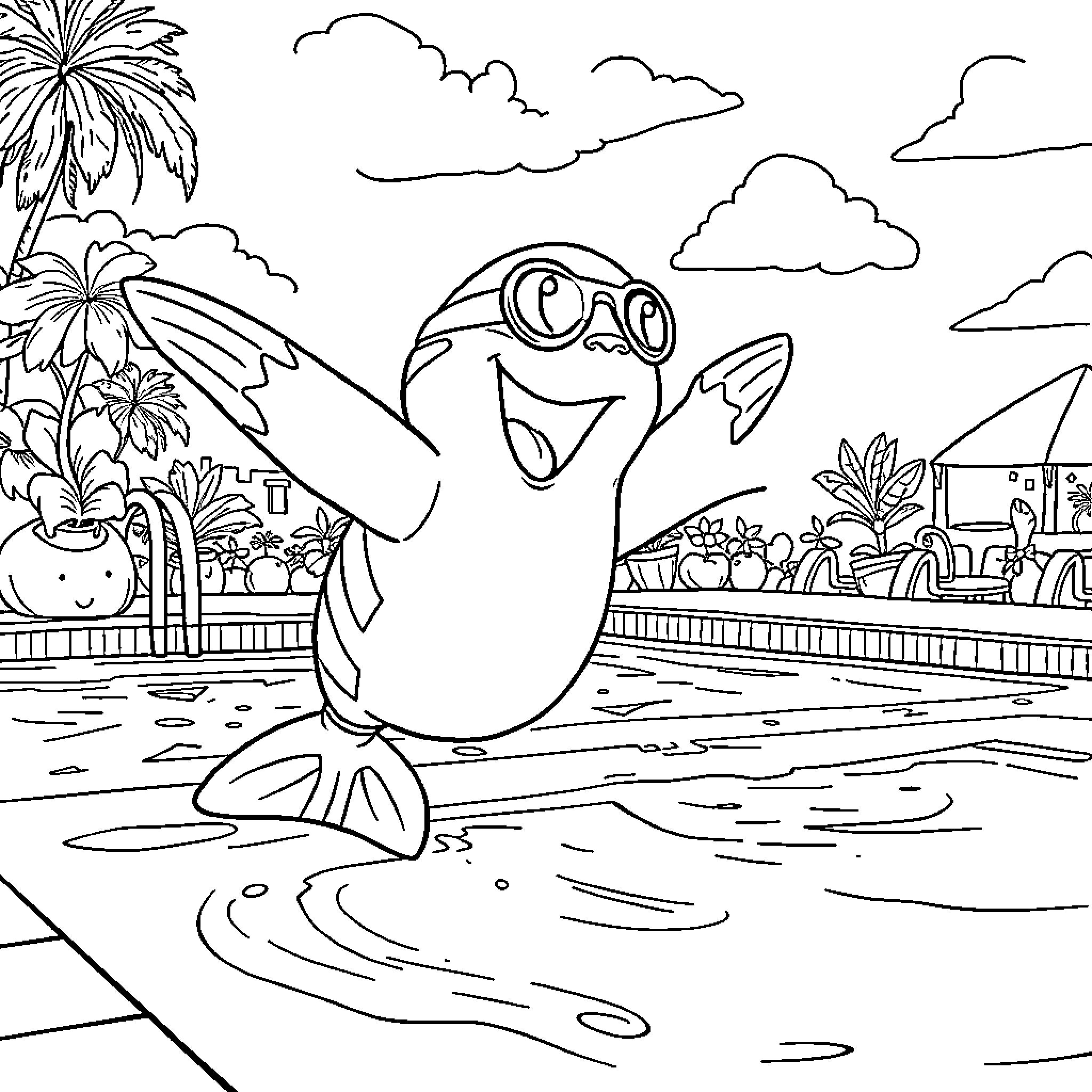 Paw Patrol characters in a tropical beach scene Coloring Page (free black-and-white line drawing printable PDF for all, from beginners to advanced learners, including children, teens, adults, and seniors)