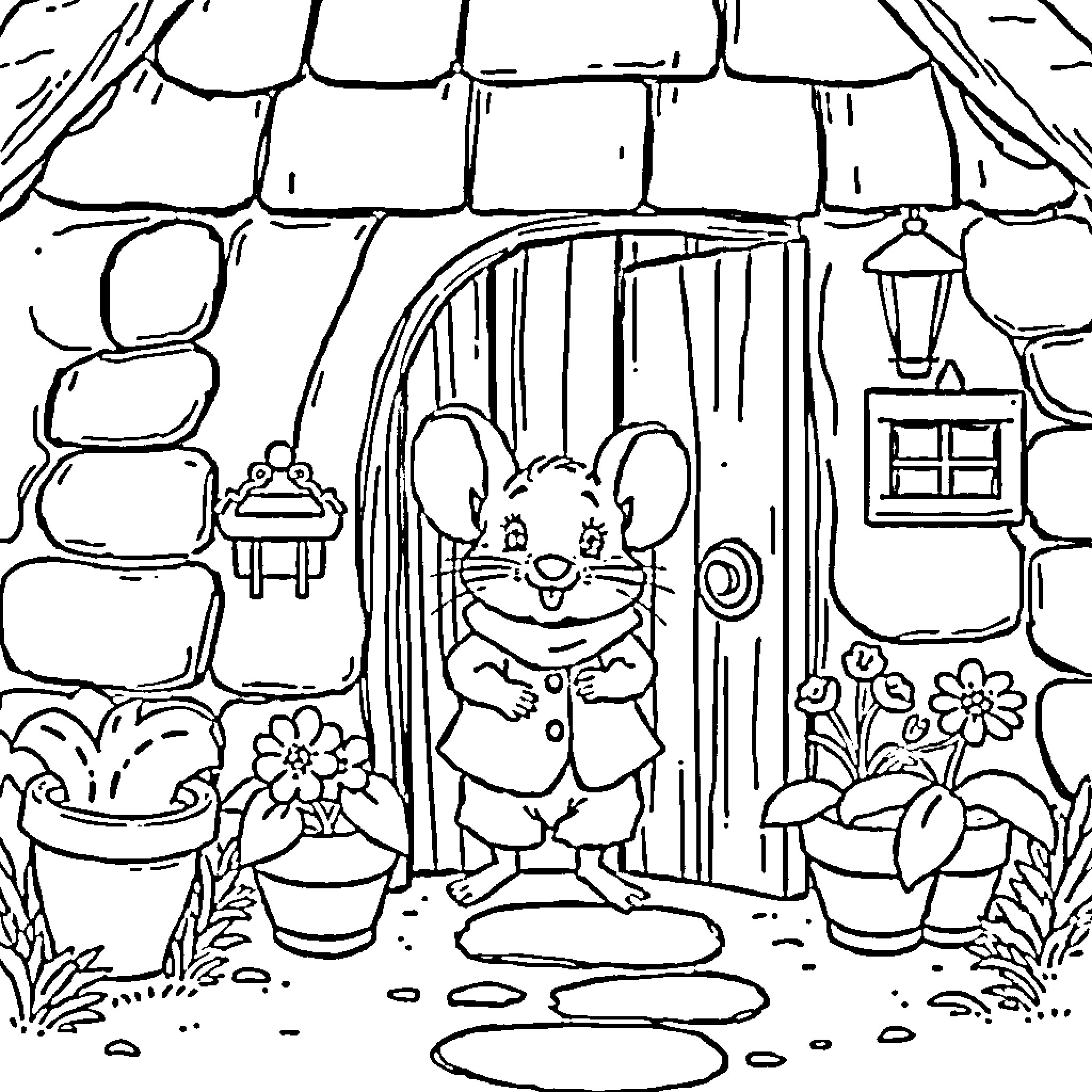 Mouse welcoming visitors to its cozy home Coloring Page (free black-and-white line drawing printable PDF for all, from beginners to advanced learners, including children, teens, adults, and seniors)