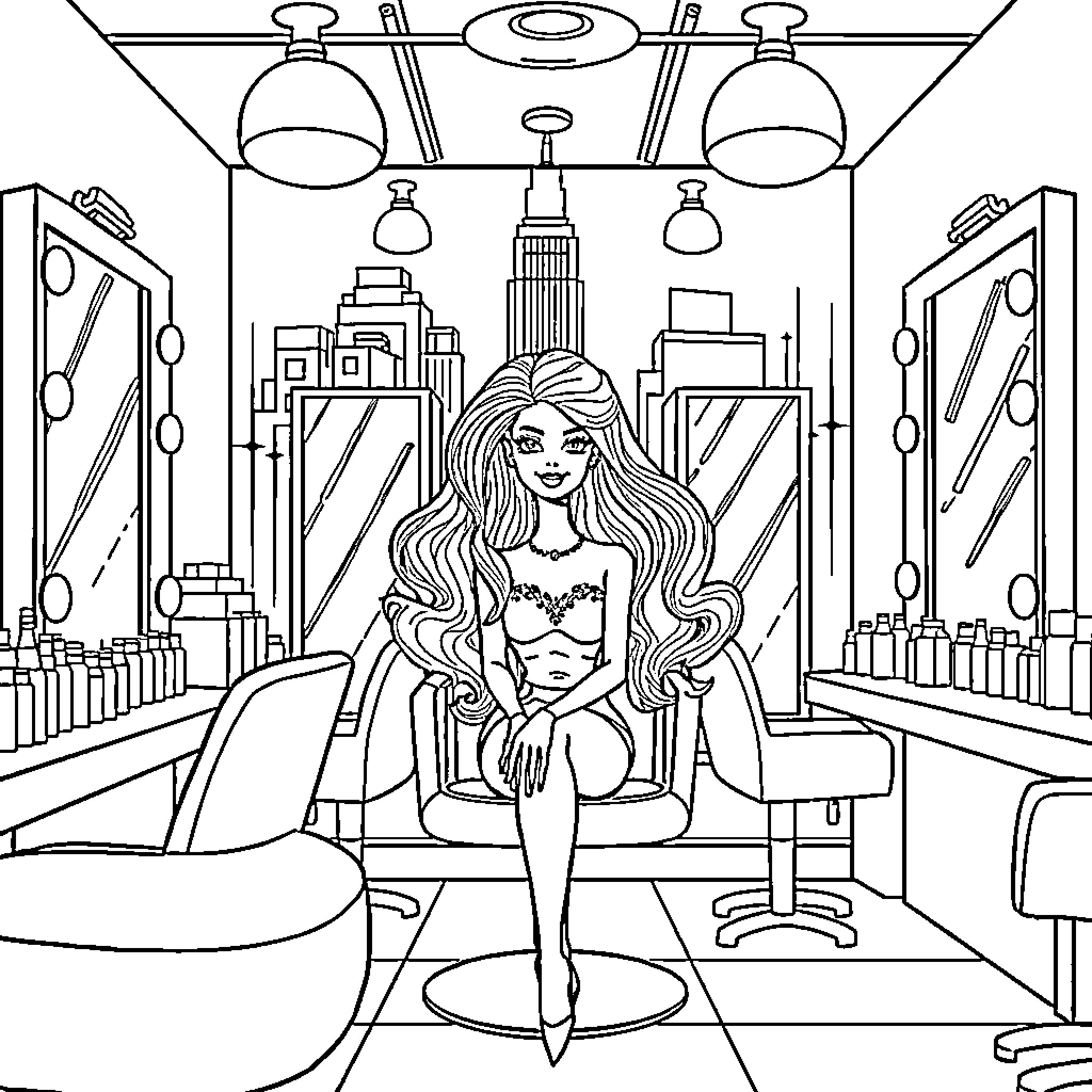 Barbie in a Stylish Salon Coloring Page (free black-and-white line drawing printable PDF for all, from beginners to advanced learners, including children, teens, adults, and seniors)