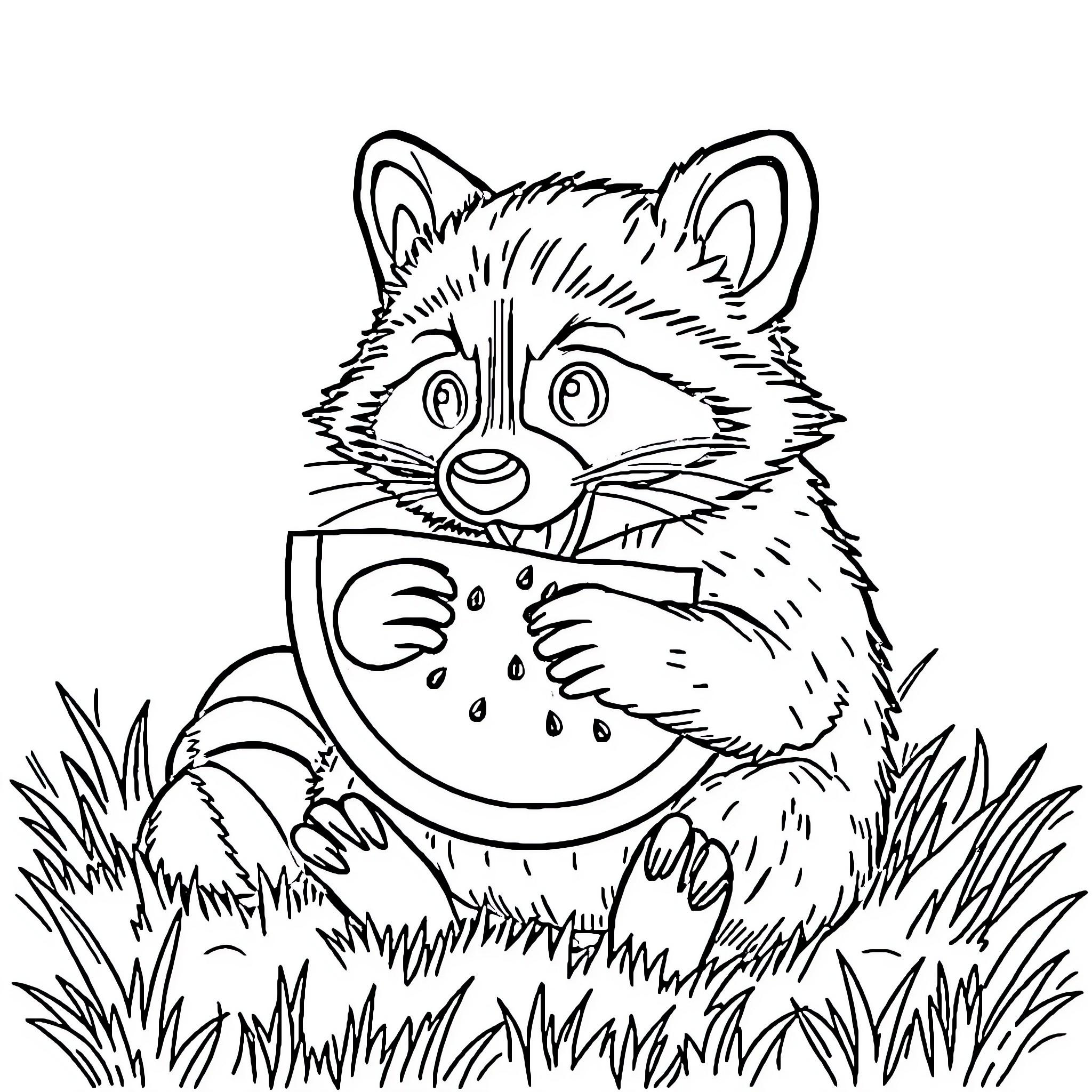 Raccoon enjoying a delicious watermelon Coloring Page (free black-and-white line drawing printable PDF for all, from beginners to advanced learners, including children, teens, adults, and seniors)
