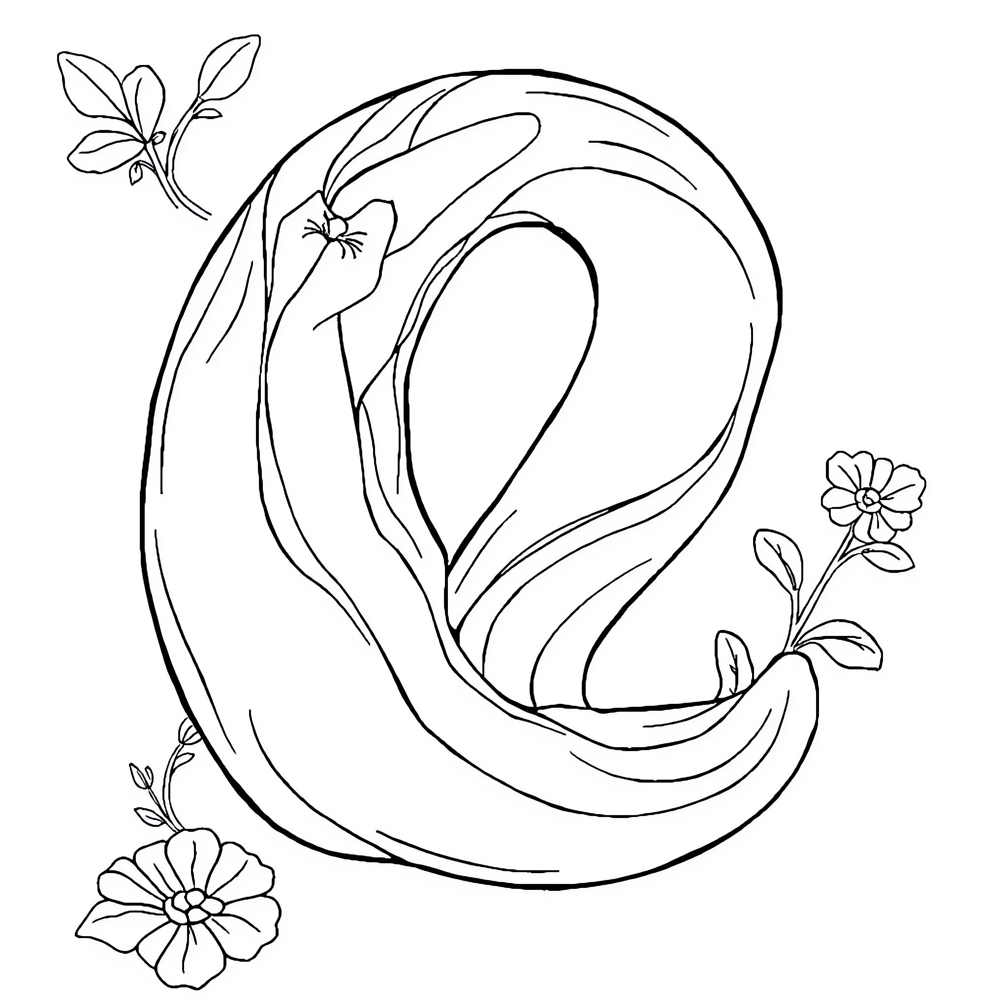 Number 2: Abstract floral figure with leaves and petals Coloring Page (free black-and-white line drawing printable PDF for all, from beginners to advanced learners, including children, teens, adults, and seniors)