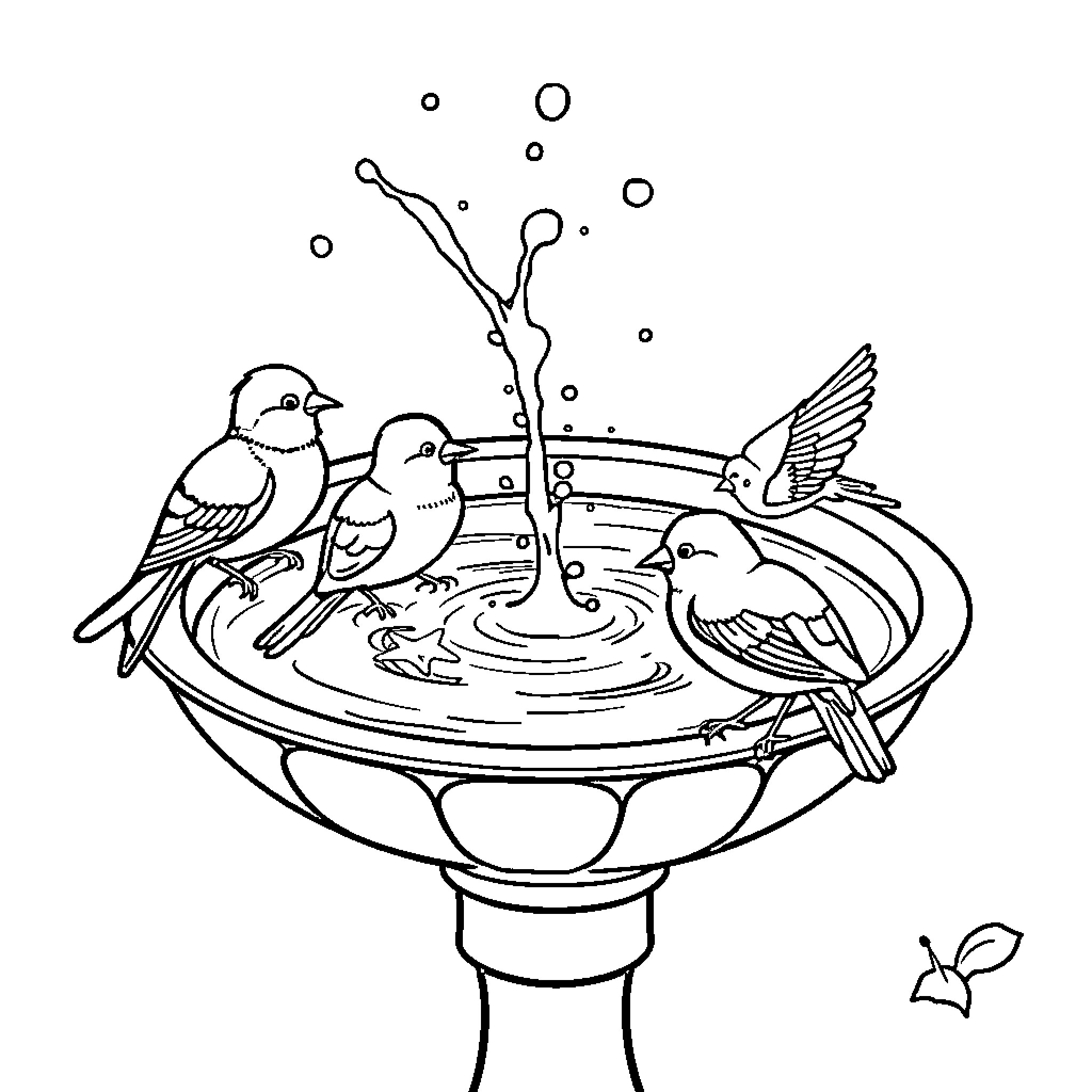 Birds drinking from a birdbath Coloring Page (free black-and-white line drawing printable PDF for all, from beginners to advanced learners, including children, teens, adults, and seniors)