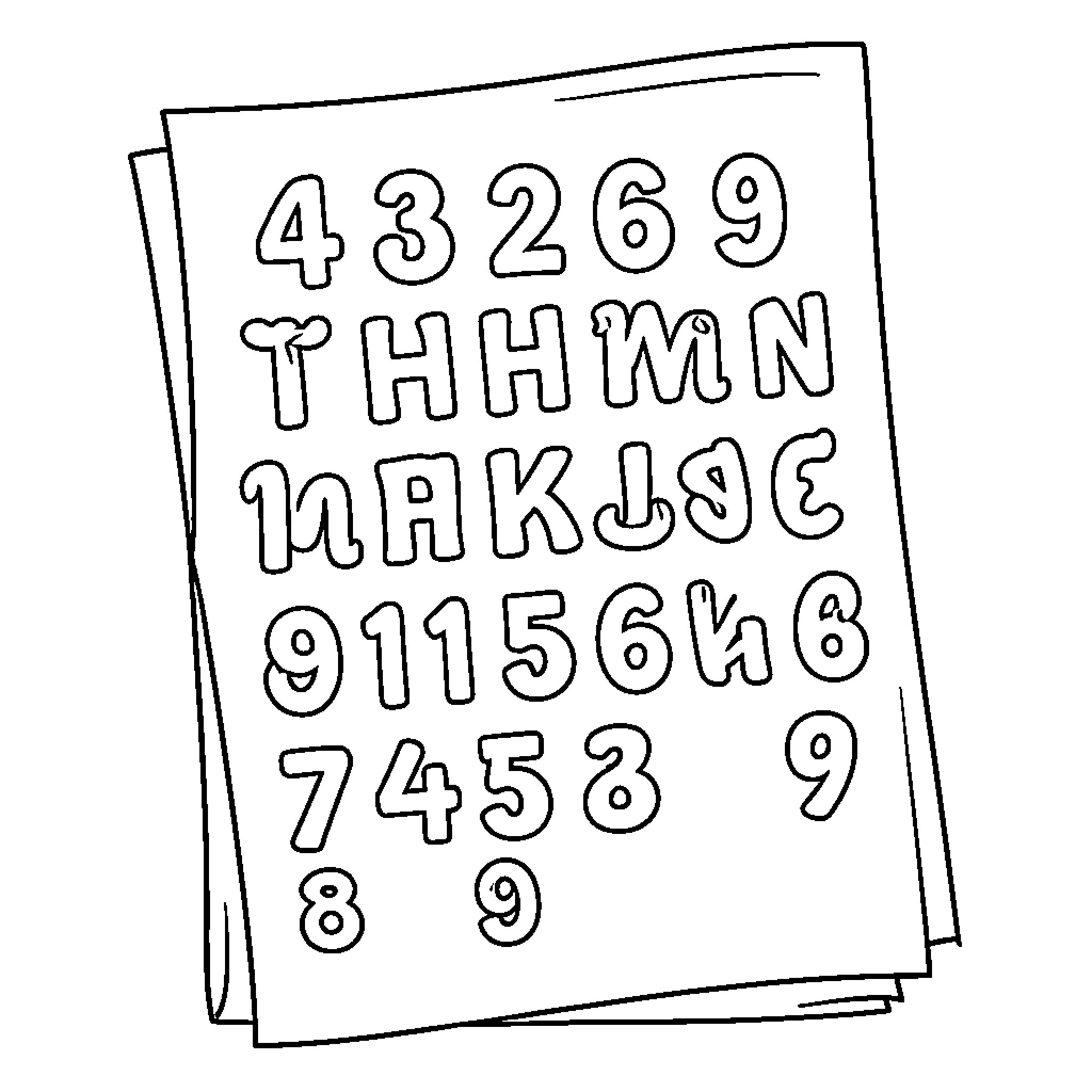 Numbers and letters arranged on a paper sheet Coloring Page (free black-and-white line drawing printable PDF for all, from beginners to advanced learners, including children, teens, adults, and seniors)