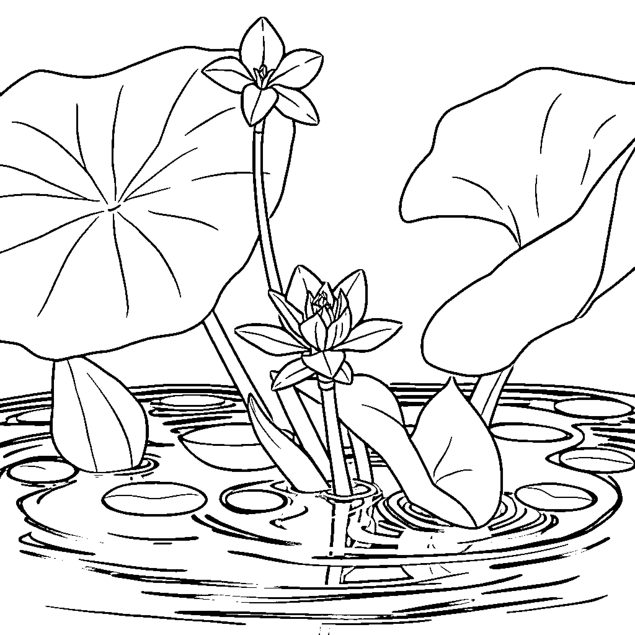 Water Hyacinth Blooming in Serene Pond Coloring Page (free black-and-white line drawing printable PDF for all, from beginners to advanced learners, including children, teens, adults, and seniors)