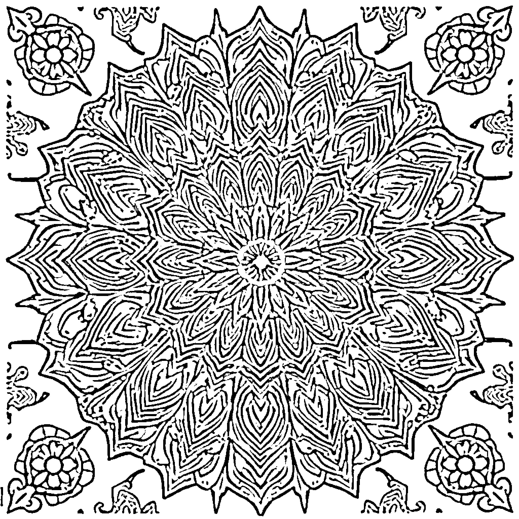 Mandala with intricate floral patterns and geometric designs Coloring Page (free black-and-white line drawing printable PDF for all, from beginners to advanced learners, including children, teens, adults, and seniors)
