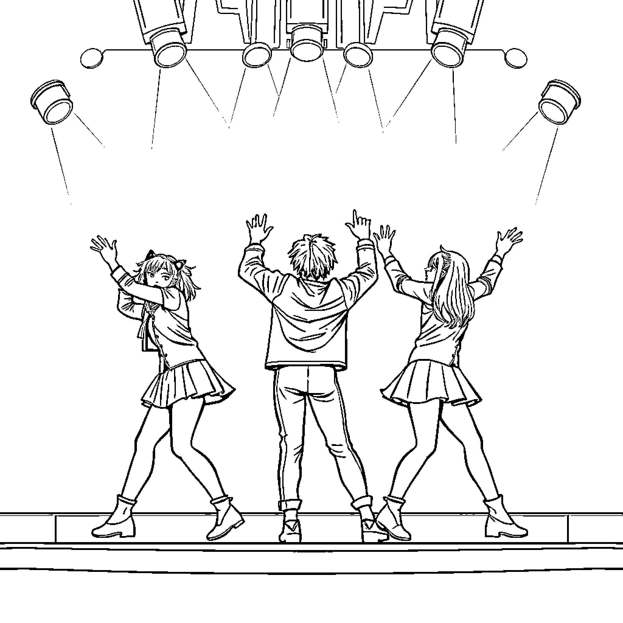 K Pop Group Performing on Stage Coloring Page (free black-and-white line drawing printable PDF for all, from beginners to advanced learners, including children, teens, adults, and seniors)