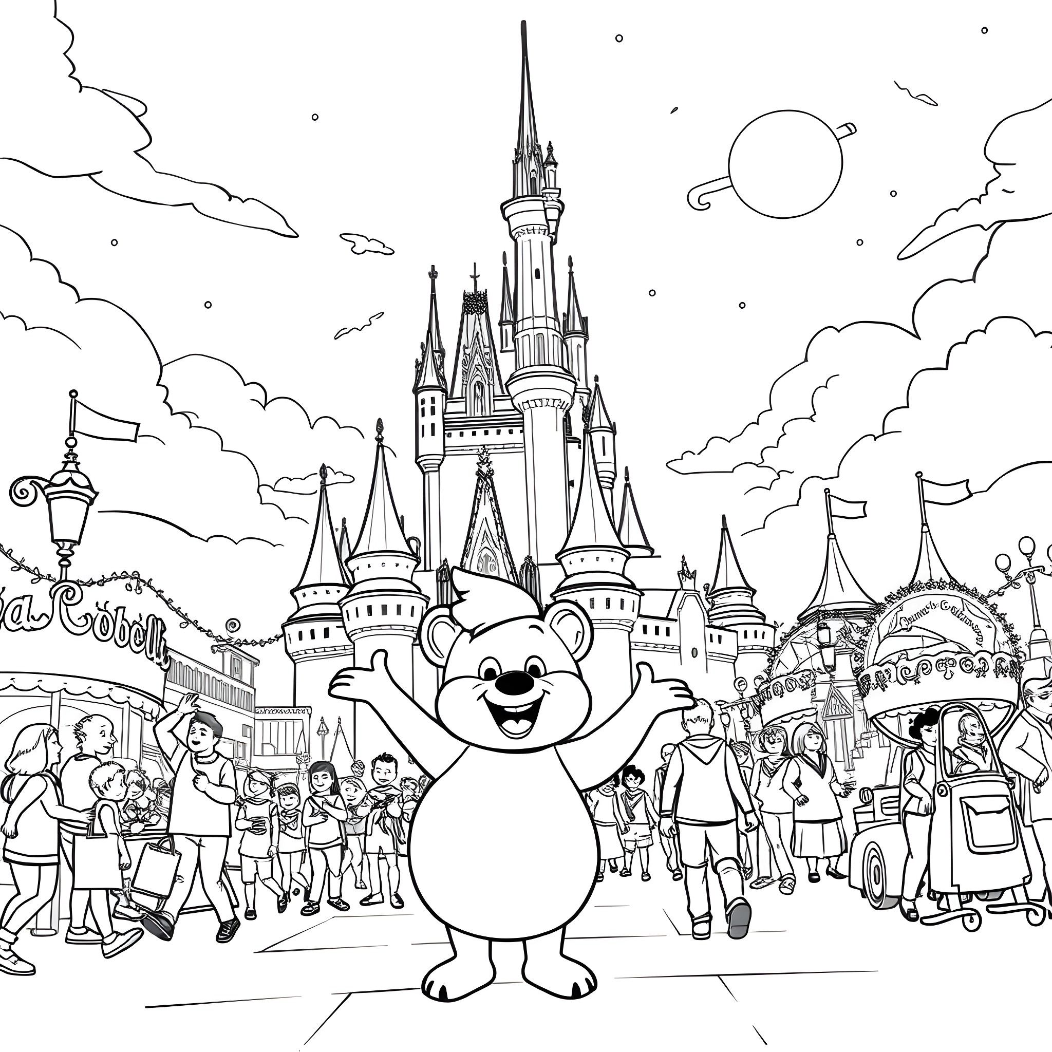 Nordy's Magical Adventure at the Enchanting Castle Coloring Page (free black-and-white line drawing printable PDF for all, from beginners to advanced learners, including children, teens, adults, and seniors)