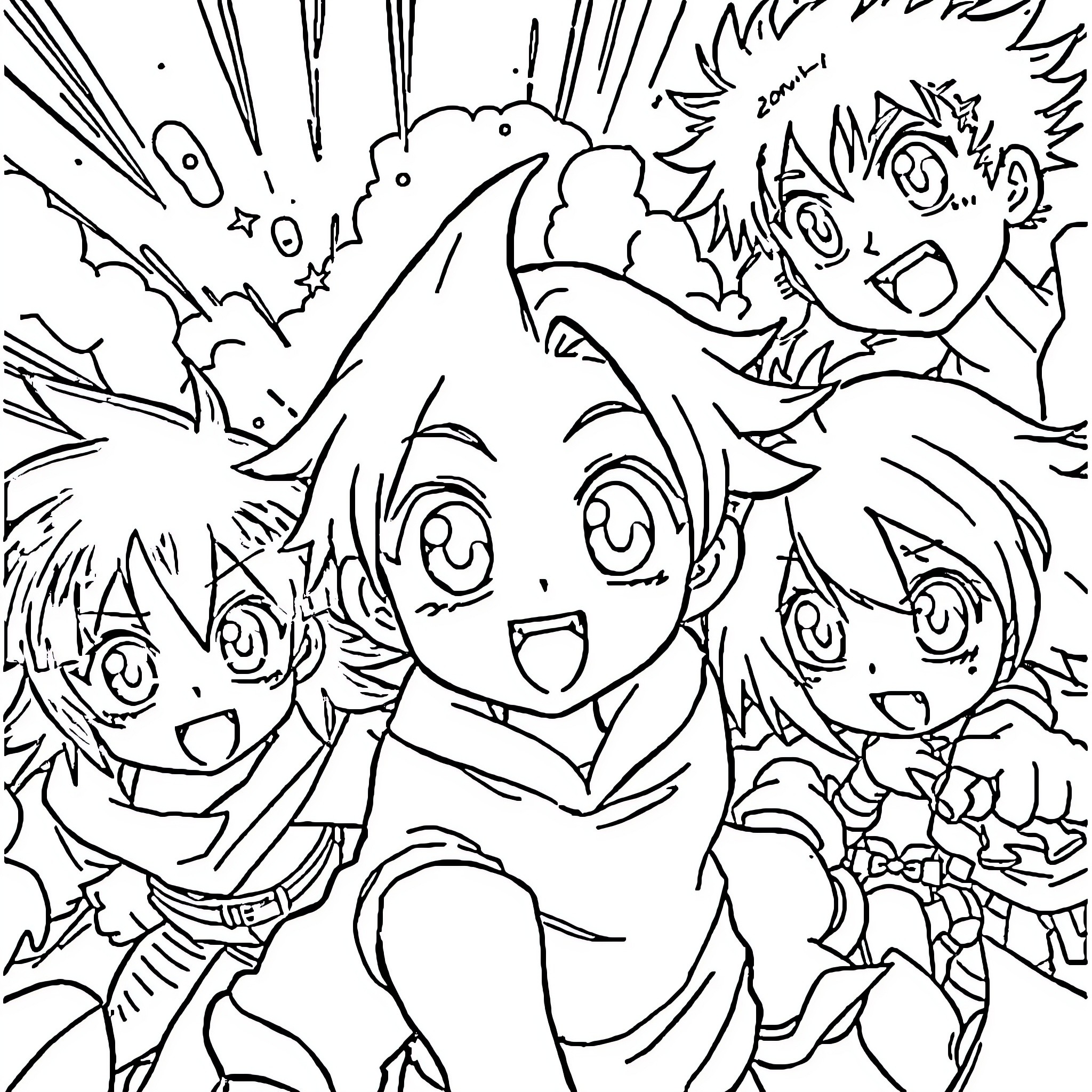 Anime Characters in Action-Packed Scene Coloring Page (free black-and-white line drawing printable PDF for all, from beginners to advanced learners, including children, teens, adults, and seniors)