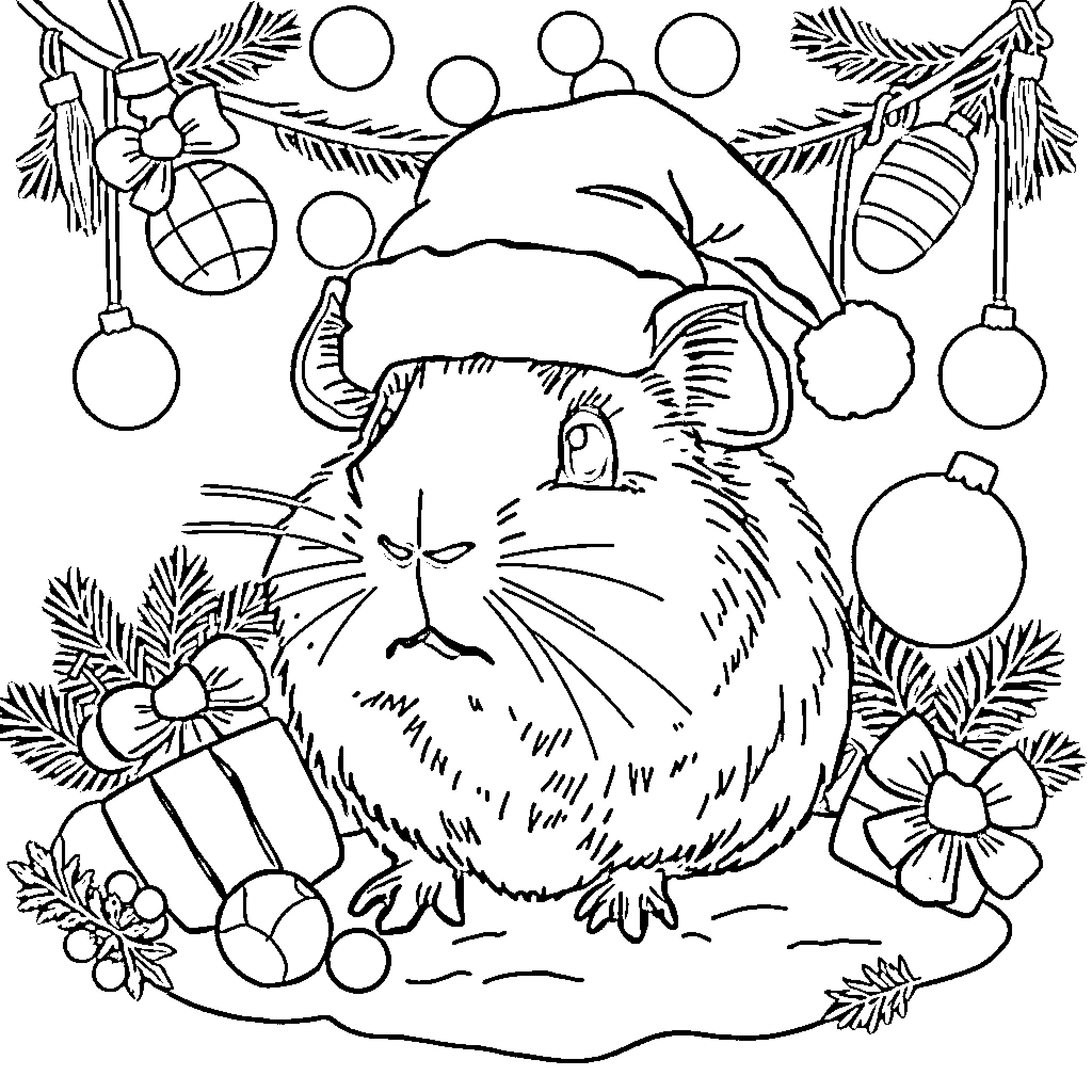 Guinea Pig celebrating Christmas with ornaments and flowers Coloring Page (free black-and-white line drawing printable PDF for all, from beginners to advanced learners, including children, teens, adults, and seniors)