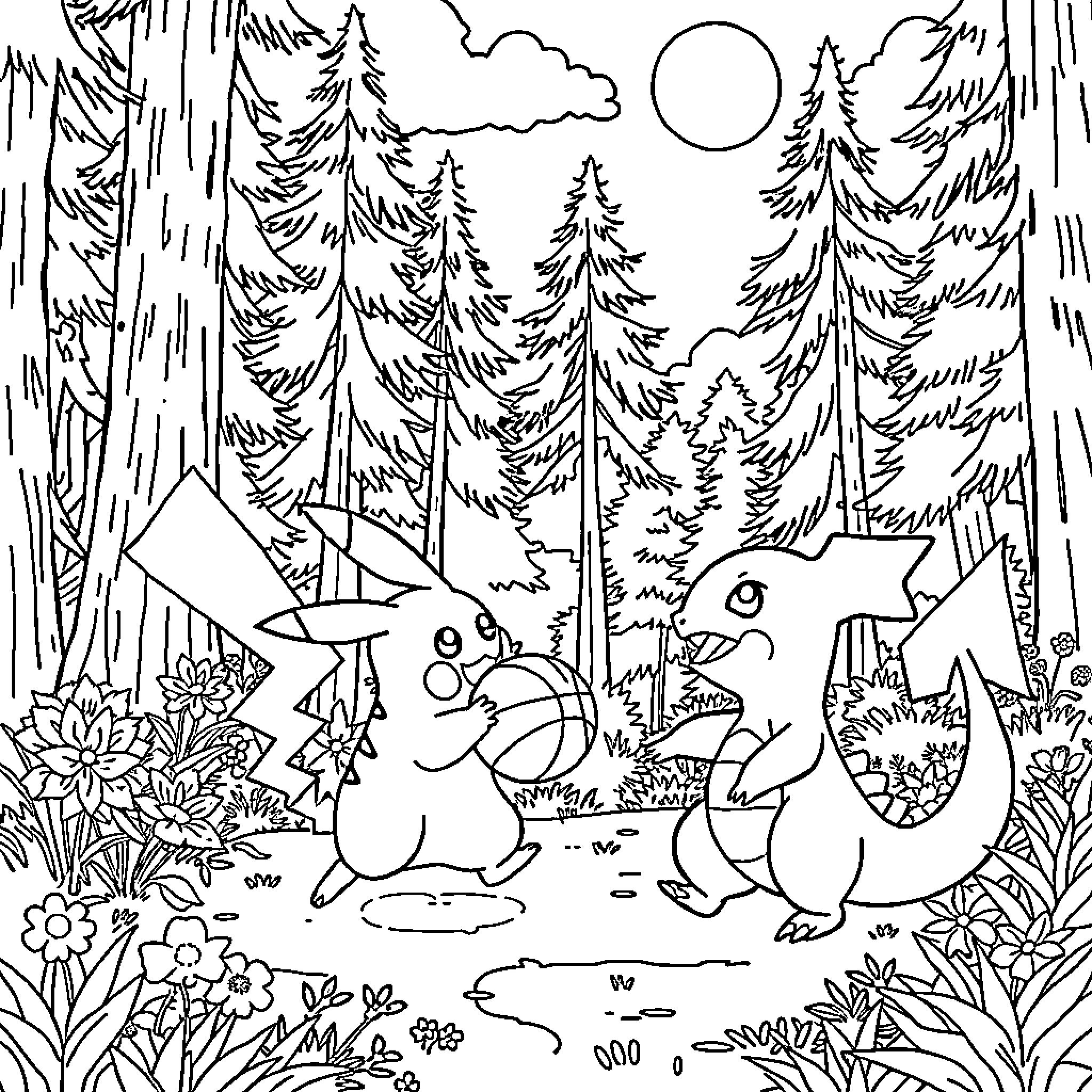 Pikachu's Playful Adventure in the Enchanted Forest Coloring Page (free black-and-white line drawing printable PDF for all, from beginners to advanced learners, including children, teens, adults, and seniors)
