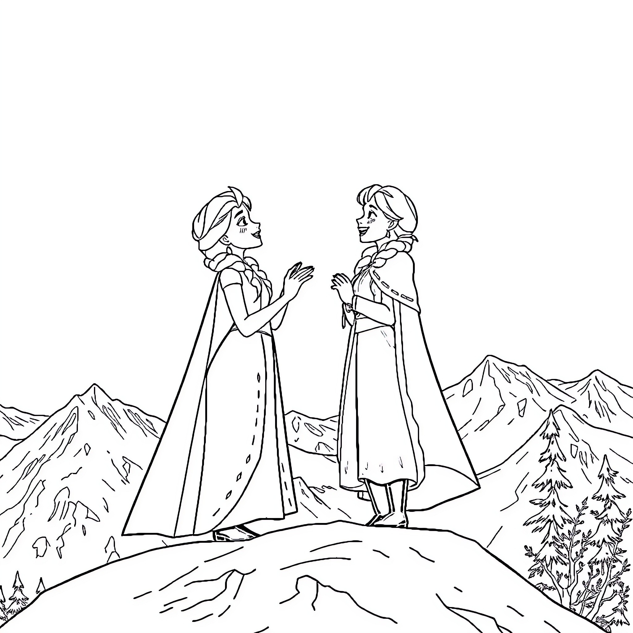 Elsa and Anna in an Outdoor Adventure Coloring Page (free black-and-white line drawing printable PDF for all, from beginners to advanced learners, including children, teens, adults, and seniors)