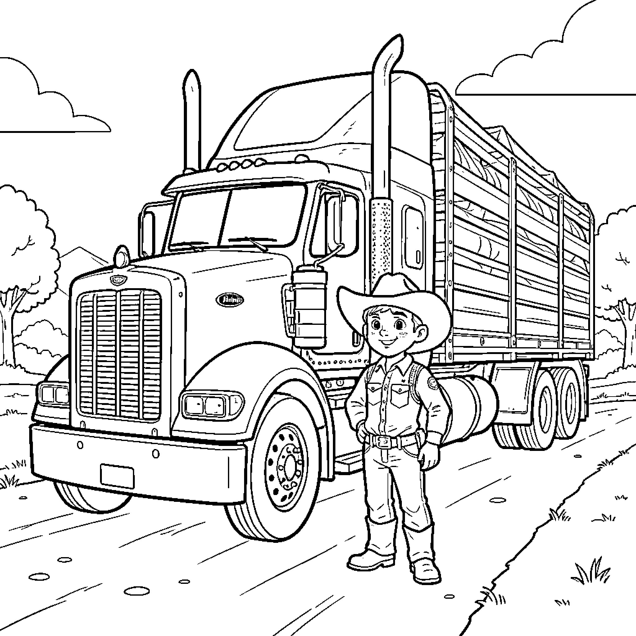 Cowboy standing proudly next to a large log truck Coloring Page (free black-and-white line drawing printable PDF for all, from beginners to advanced learners, including children, teens, adults, and seniors)