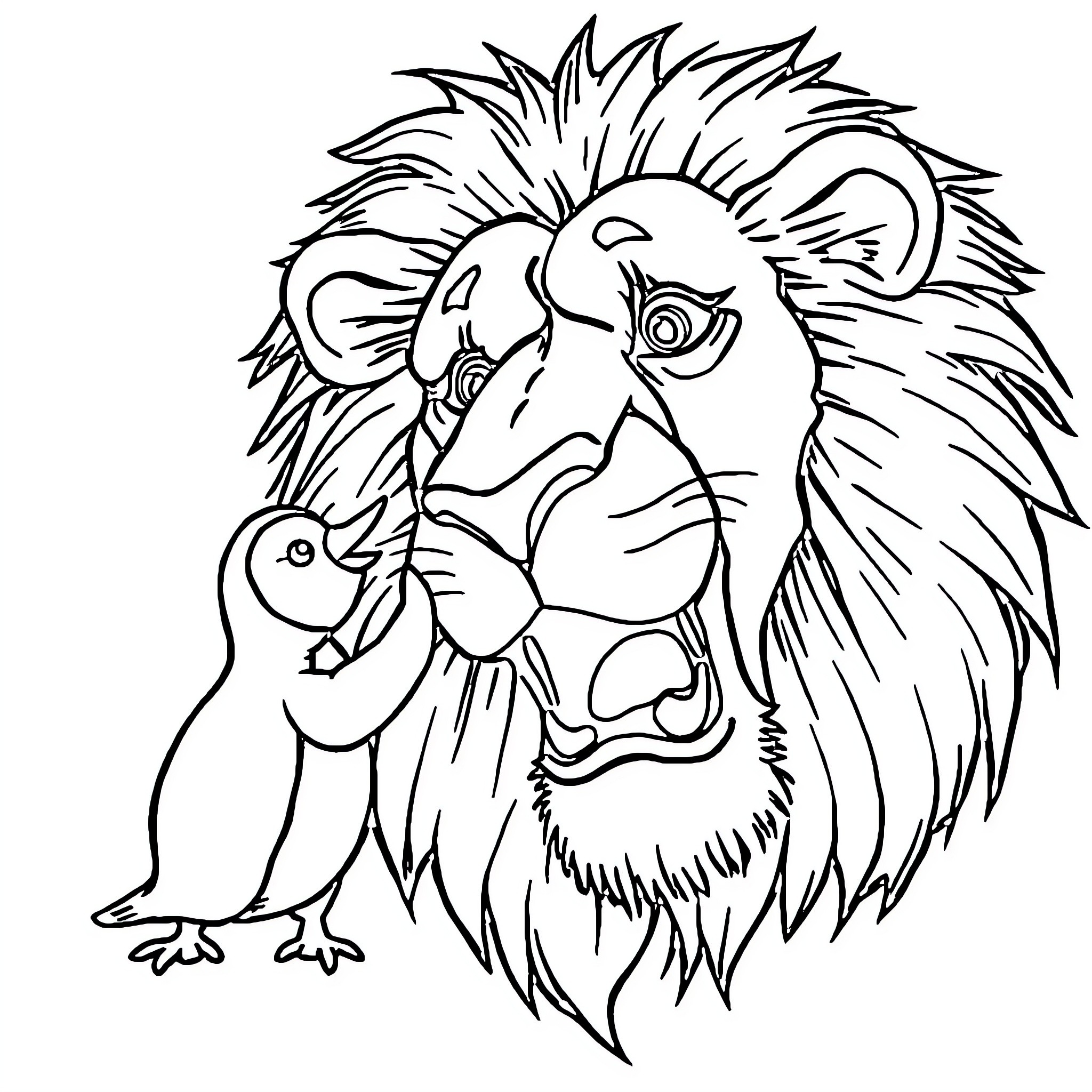 Penguin Befriending Fierce Lion in Sketch Coloring Page (free black-and-white line drawing printable PDF for all, from beginners to advanced learners, including children, teens, adults, and seniors)