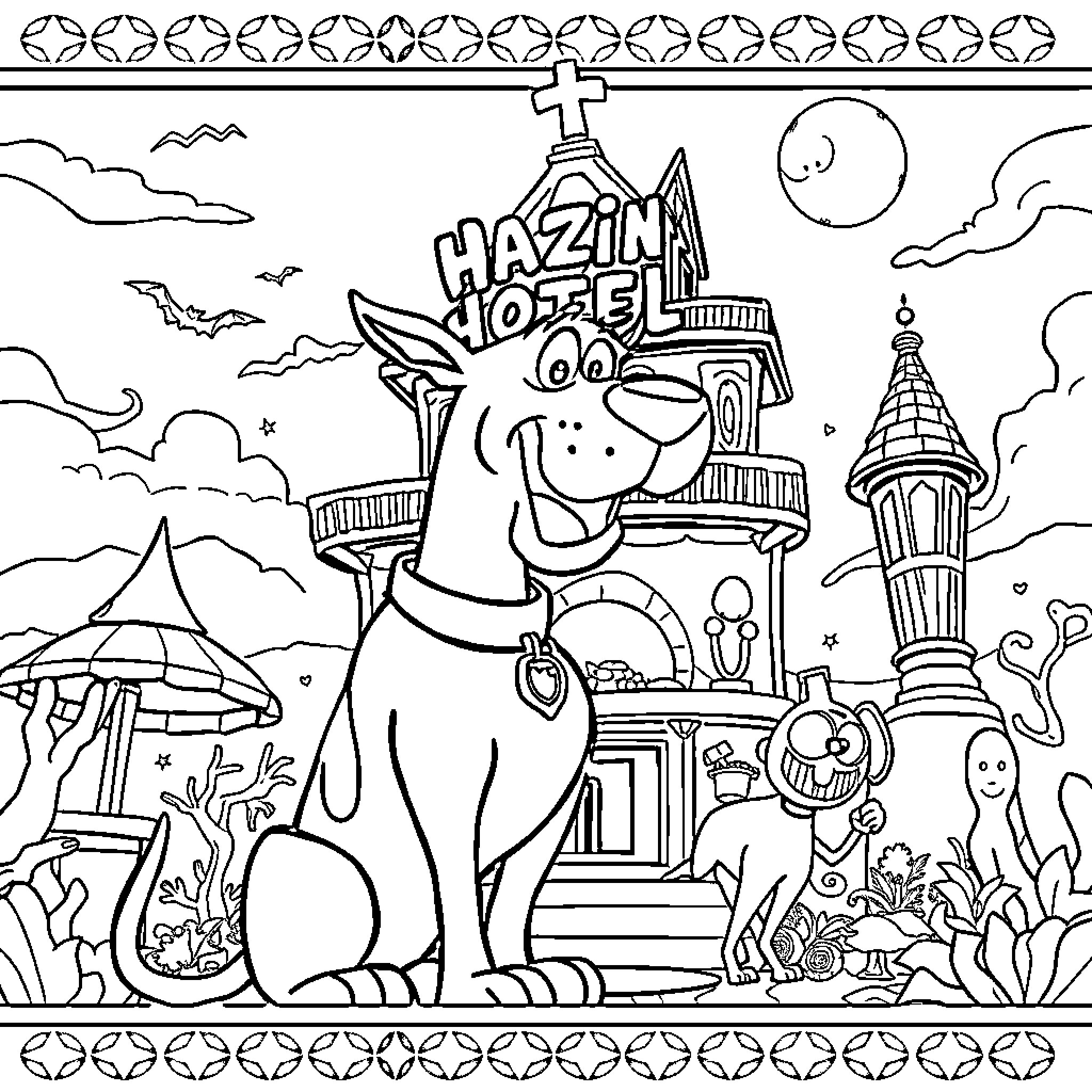 Hazbin Hotel - Cartoon Characters and Fantasy Scenery Coloring Page (free black-and-white line drawing printable PDF for all, from beginners to advanced learners, including children, teens, adults, and seniors)