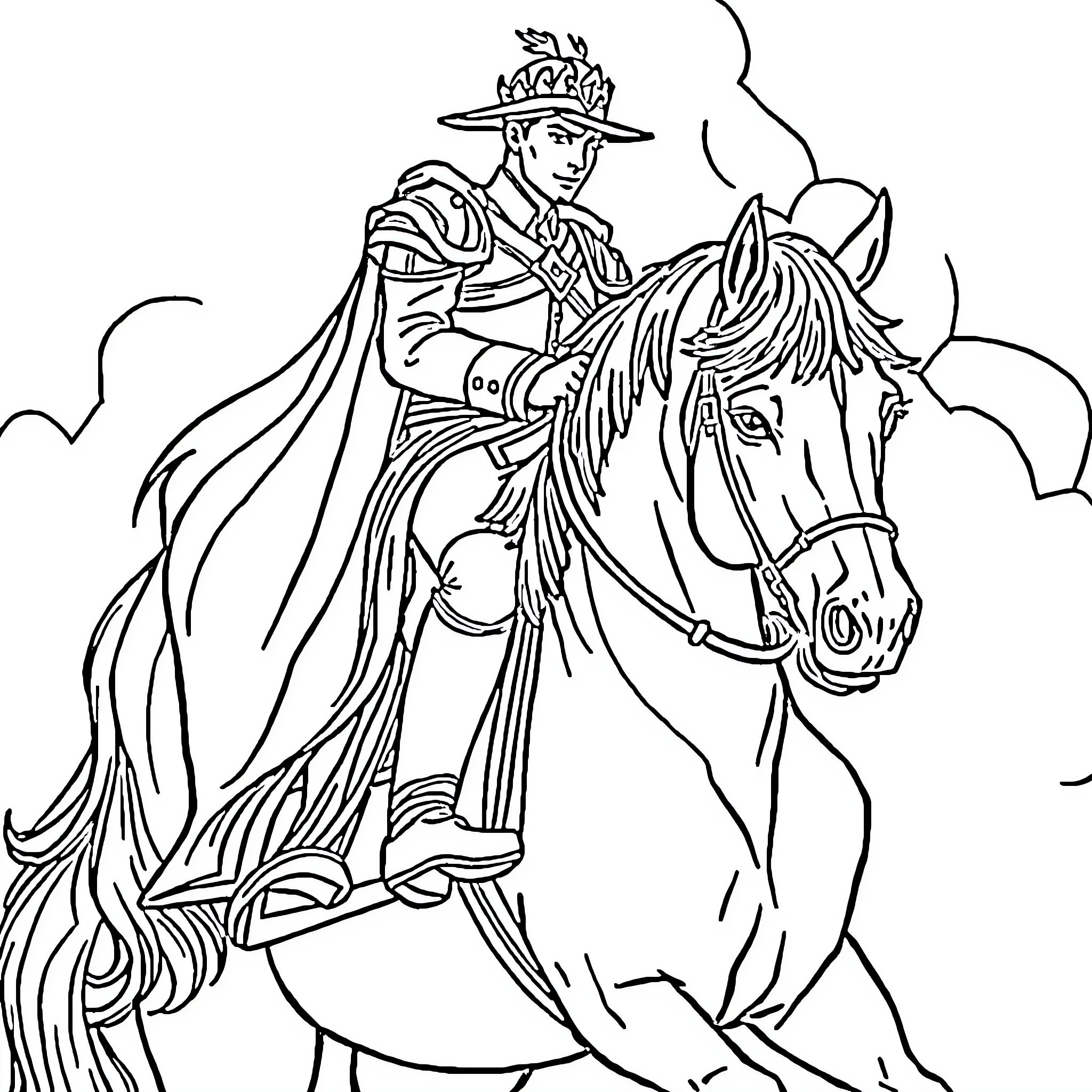 Horseman in ceremonial attire riding a spirited horse Coloring Page (free black-and-white line drawing printable PDF for all, from beginners to advanced learners, including children, teens, adults, and seniors)