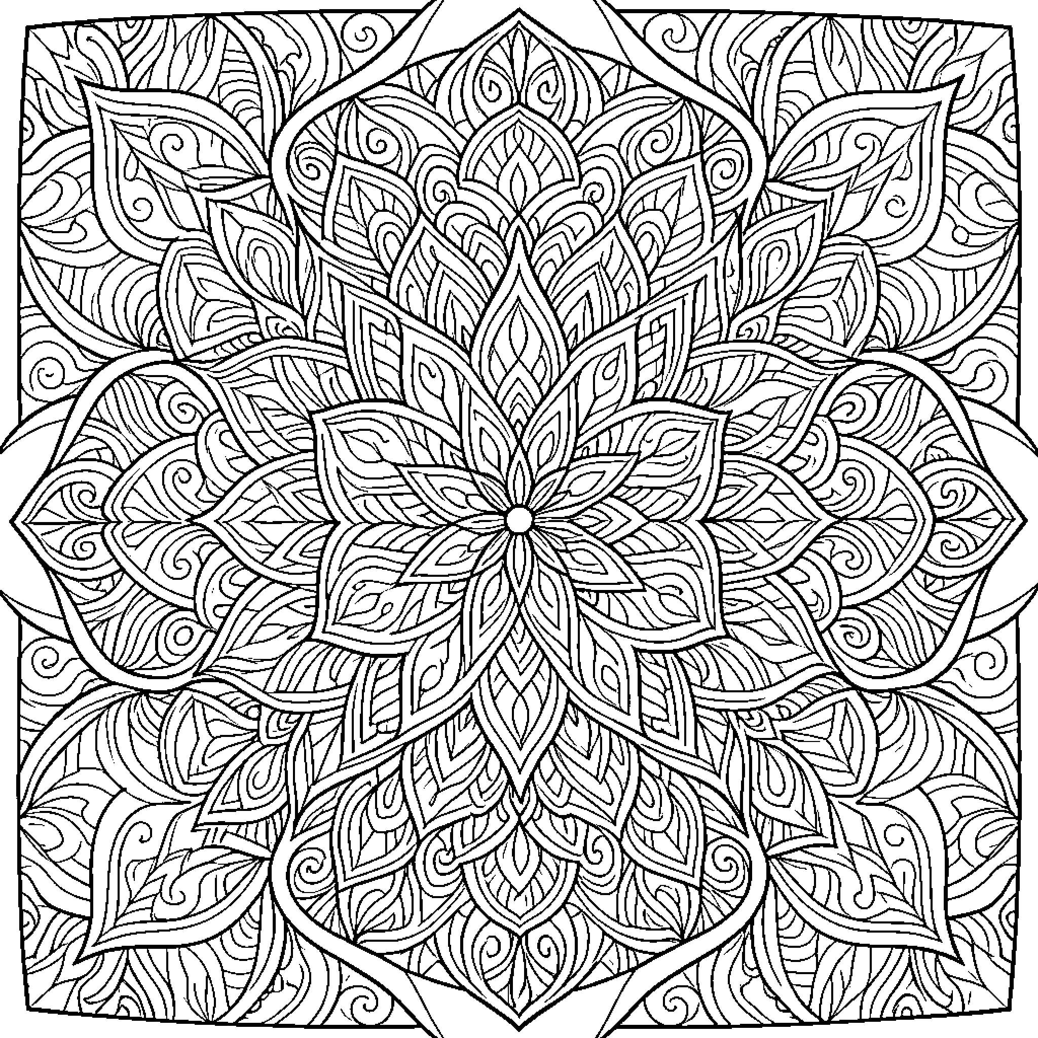 Zentangle-inspired intricate floral pattern Coloring Page (free black-and-white line drawing printable PDF for all, from beginners to advanced learners, including children, teens, adults, and seniors)