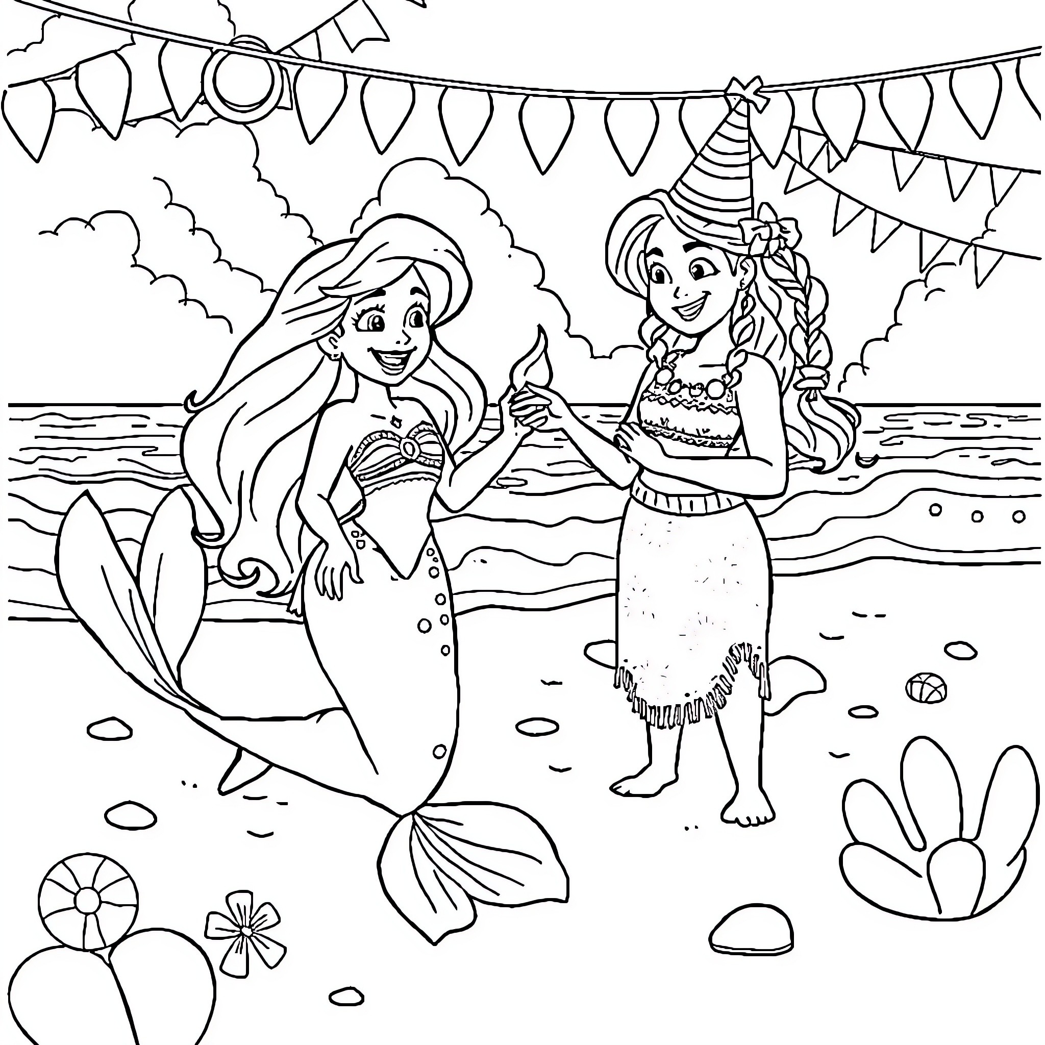 Ariel and Moana Celebrating on the Beach Coloring Page (free black-and-white line drawing printable PDF for all, from beginners to advanced learners, including children, teens, adults, and seniors)