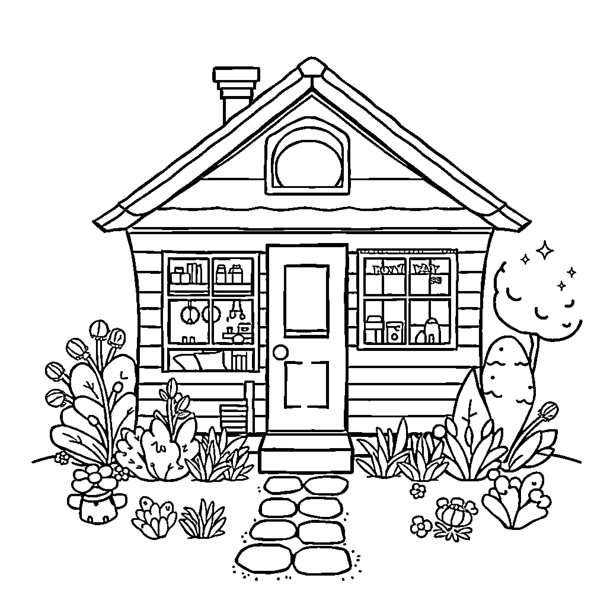 House with garden and cozy porch Coloring Page (free black-and-white line drawing printable PDF for all, from beginners to advanced learners, including children, teens, adults, and seniors)