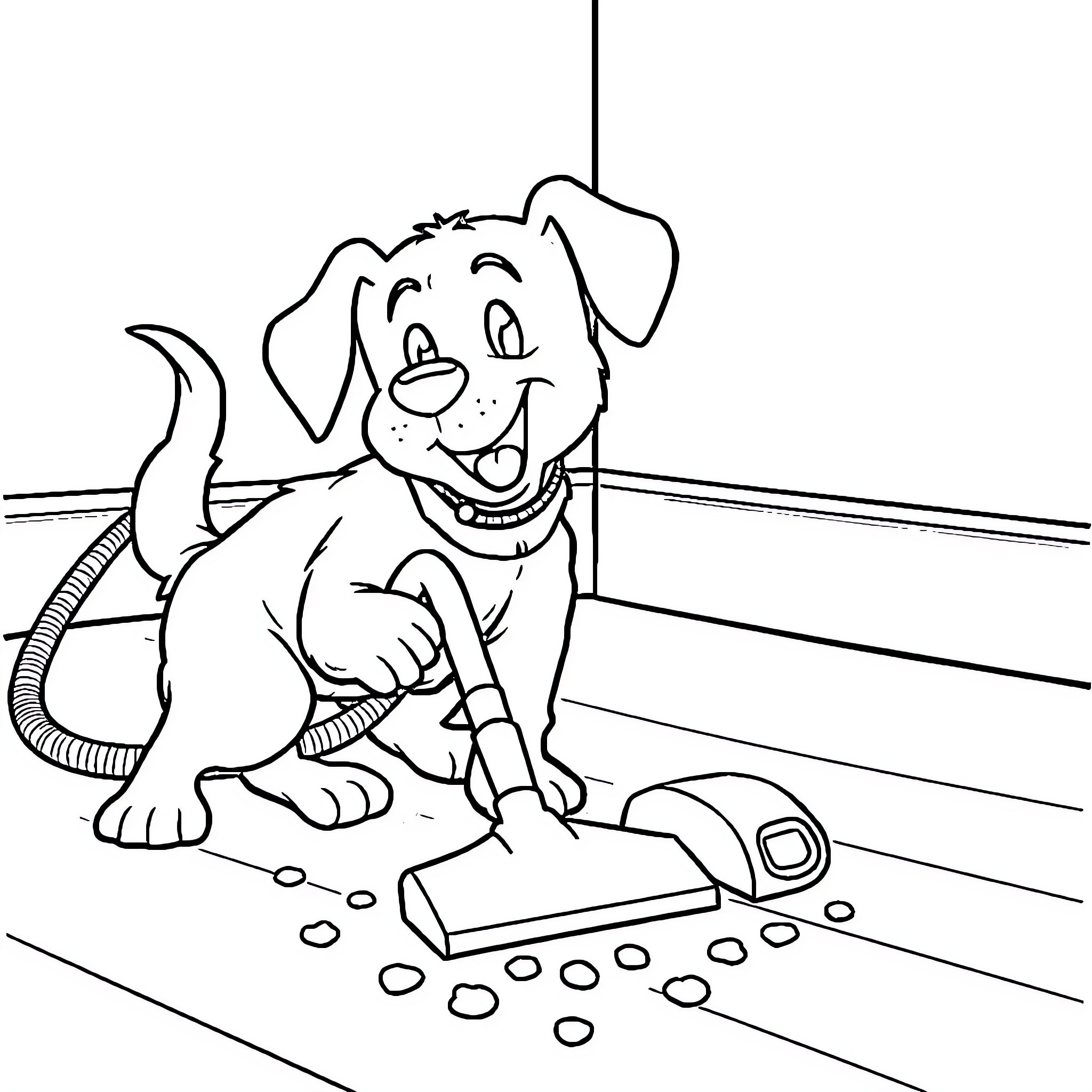 Dog happily cleaning the floor with a vacuum Coloring Page (free black-and-white line drawing printable PDF for all, from beginners to advanced learners, including children, teens, adults, and seniors)