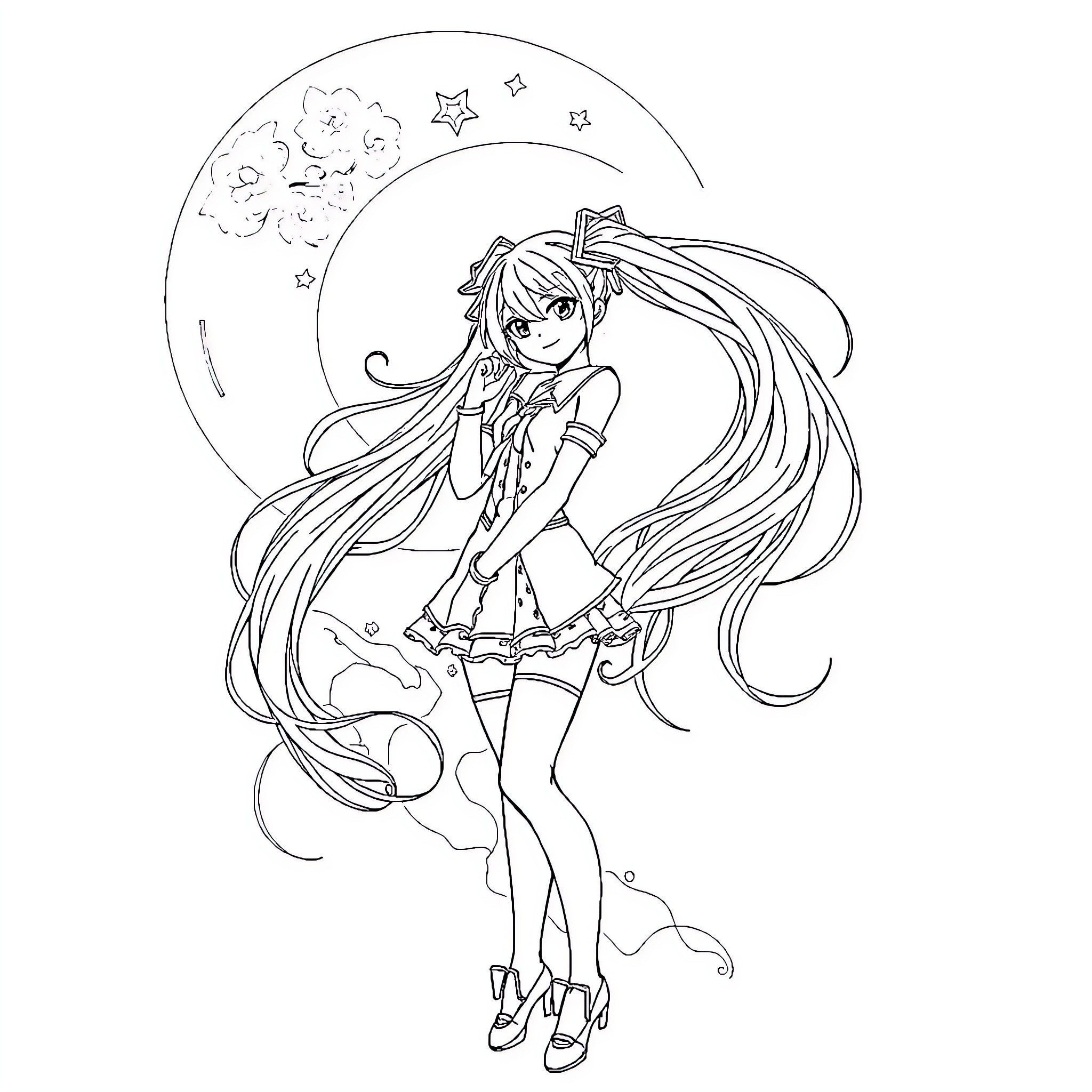 Miku in a Whimsical Pose with Flowing Hair Coloring Page (free black-and-white line drawing printable PDF for all, from beginners to advanced learners, including children, teens, adults, and seniors)