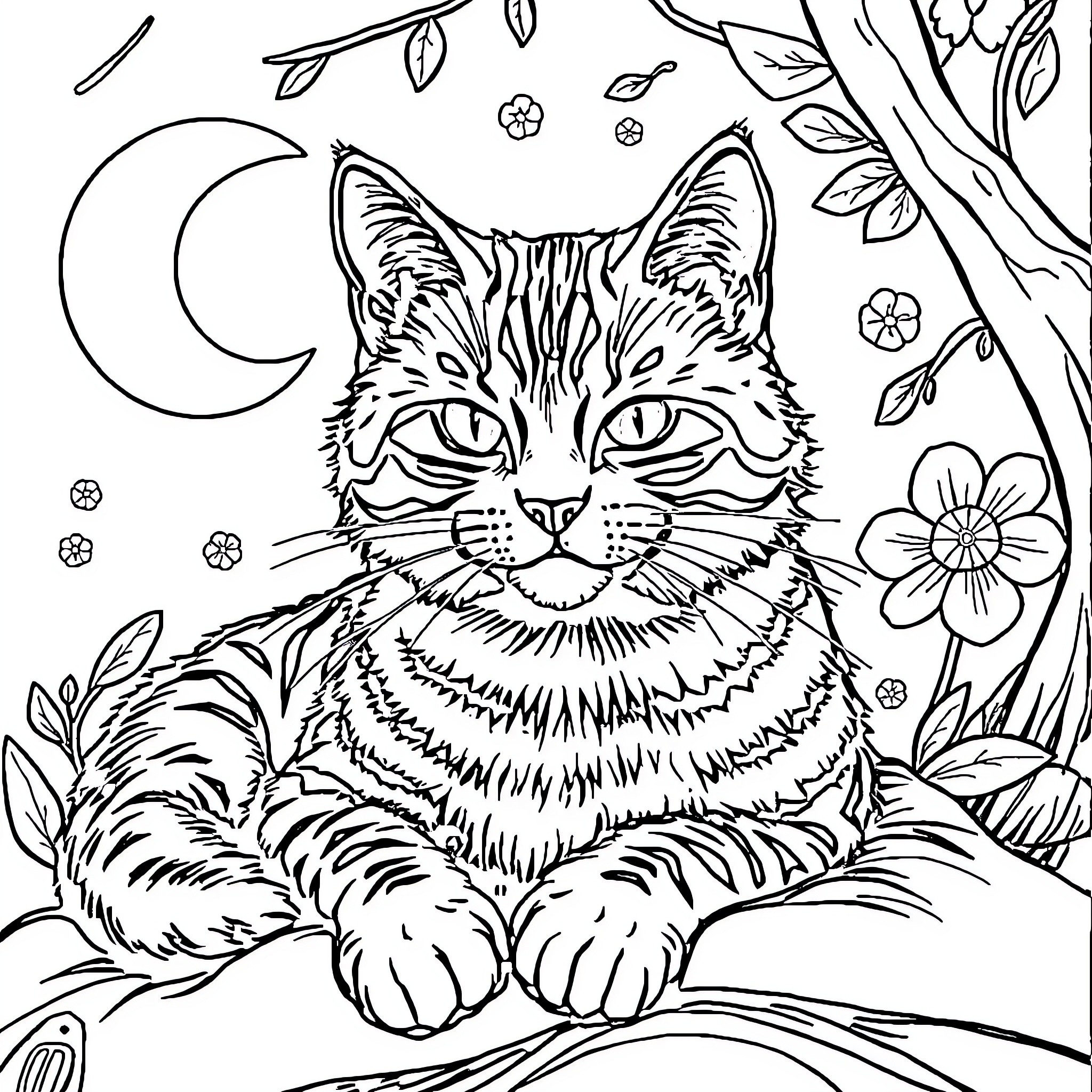 Cat resting in the moonlit garden Coloring Page (free black-and-white line drawing printable PDF for all, from beginners to advanced learners, including children, teens, adults, and seniors)