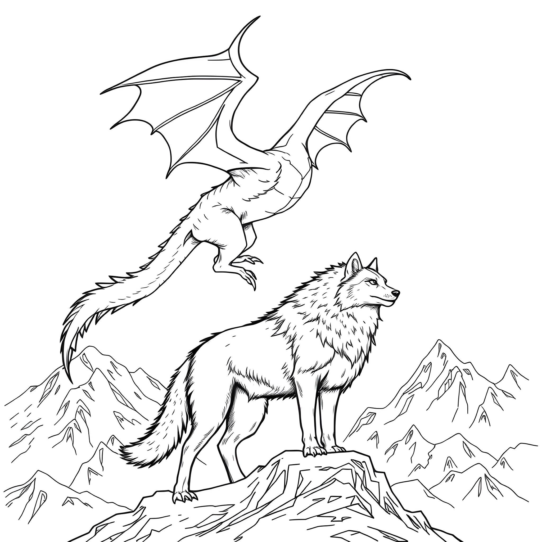 Dragon soaring over mountain with wolf companion Coloring Page (free black-and-white line drawing printable PDF for all, from beginners to advanced learners, including children, teens, adults, and seniors)