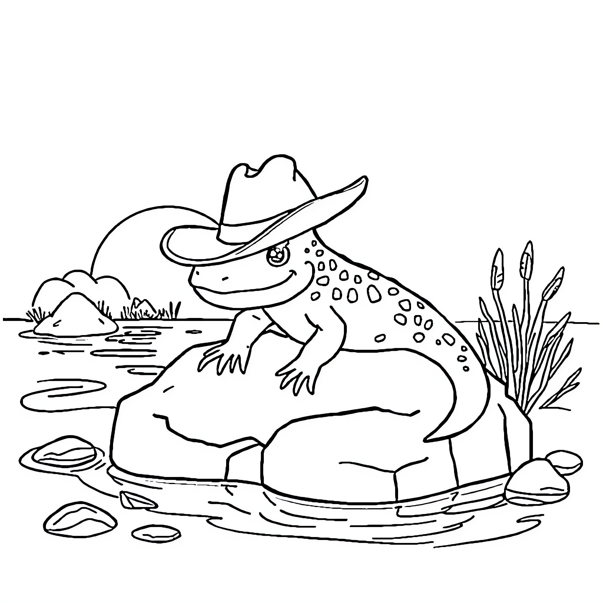 Axolotl wearing a cowboy hat relaxing in pond Coloring Page (free black-and-white line drawing printable PDF for all, from beginners to advanced learners, including children, teens, adults, and seniors)