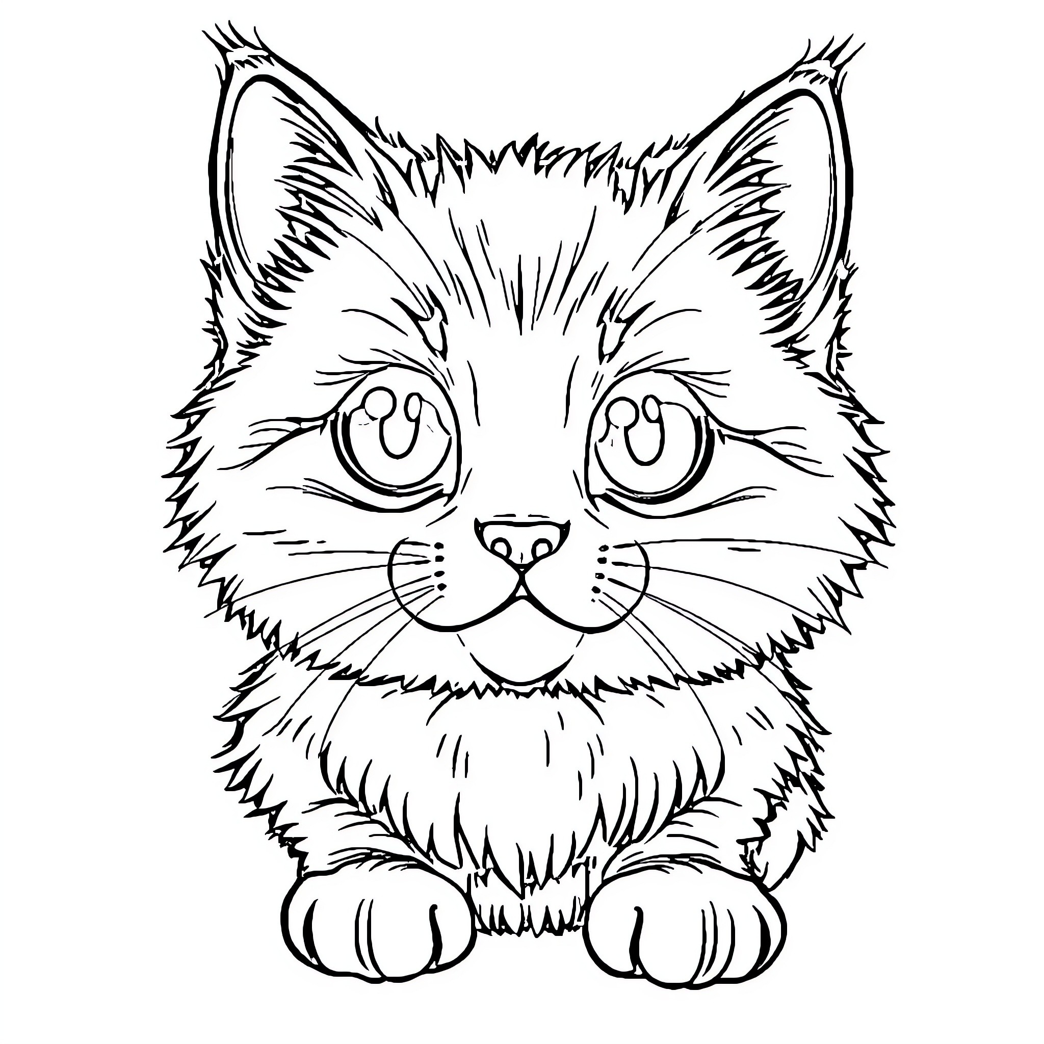 Cat Headshot with Expressive Eyes Coloring Page (free black-and-white line drawing printable PDF for all, from beginners to advanced learners, including children, teens, adults, and seniors)
