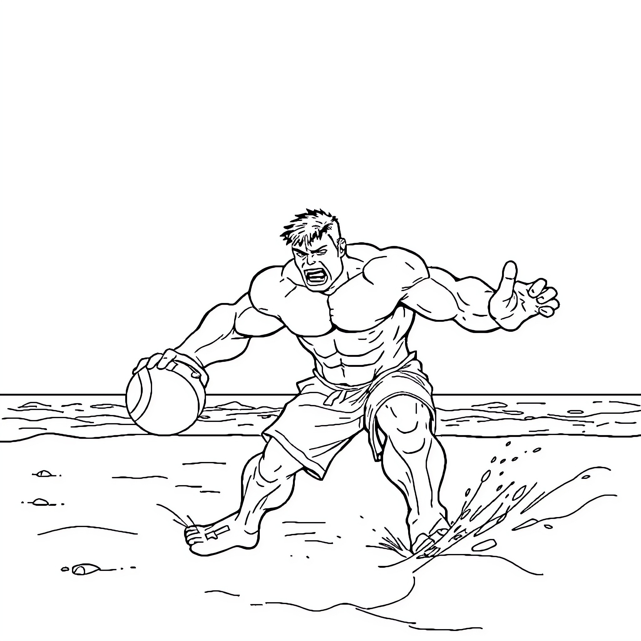 Hulk smashing through the water with fury Coloring Page (free black-and-white line drawing printable PDF for all, from beginners to advanced learners, including children, teens, adults, and seniors)