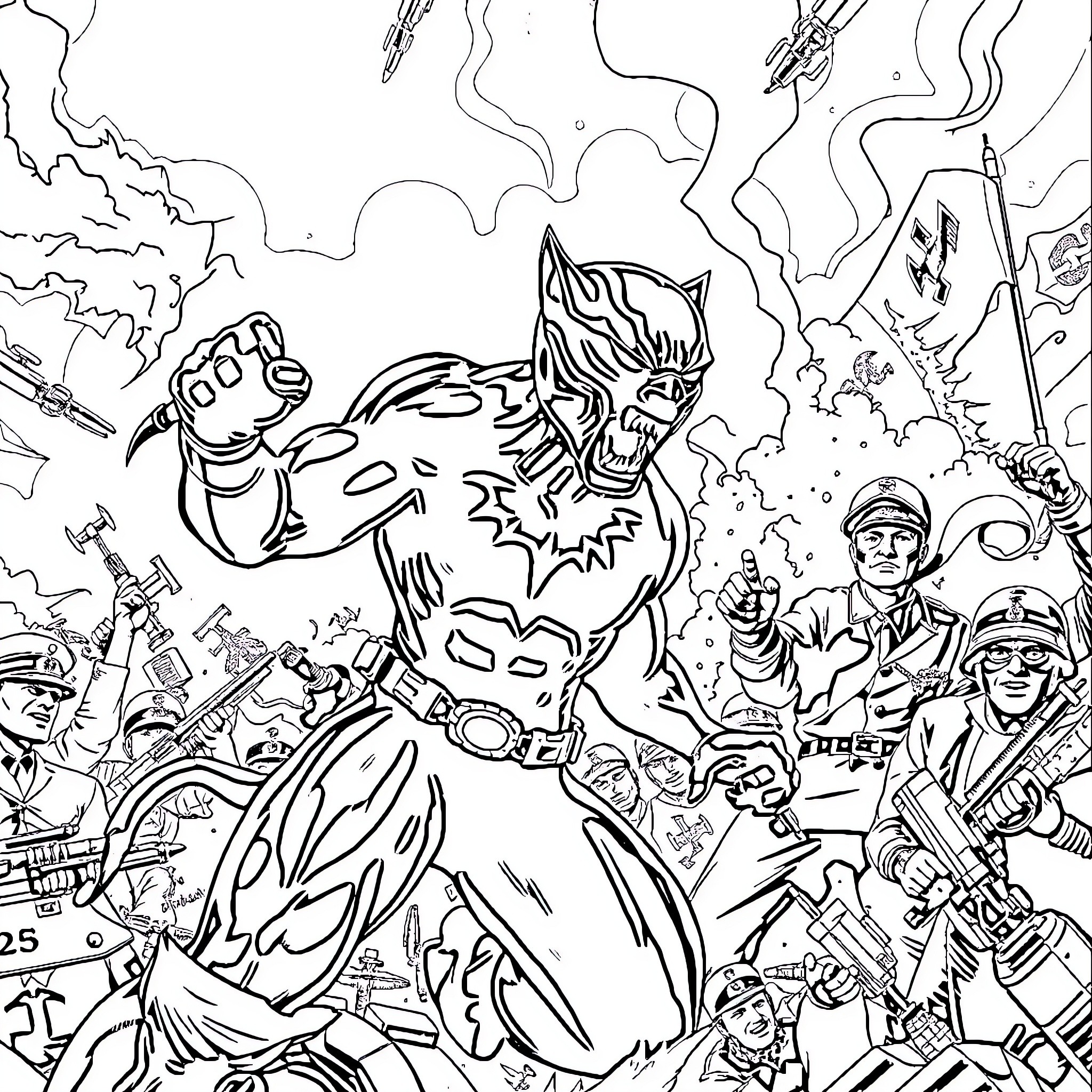 Panther warrior leading soldiers into battle Coloring Page (free black-and-white line drawing printable PDF for all, from beginners to advanced learners, including children, teens, adults, and seniors)