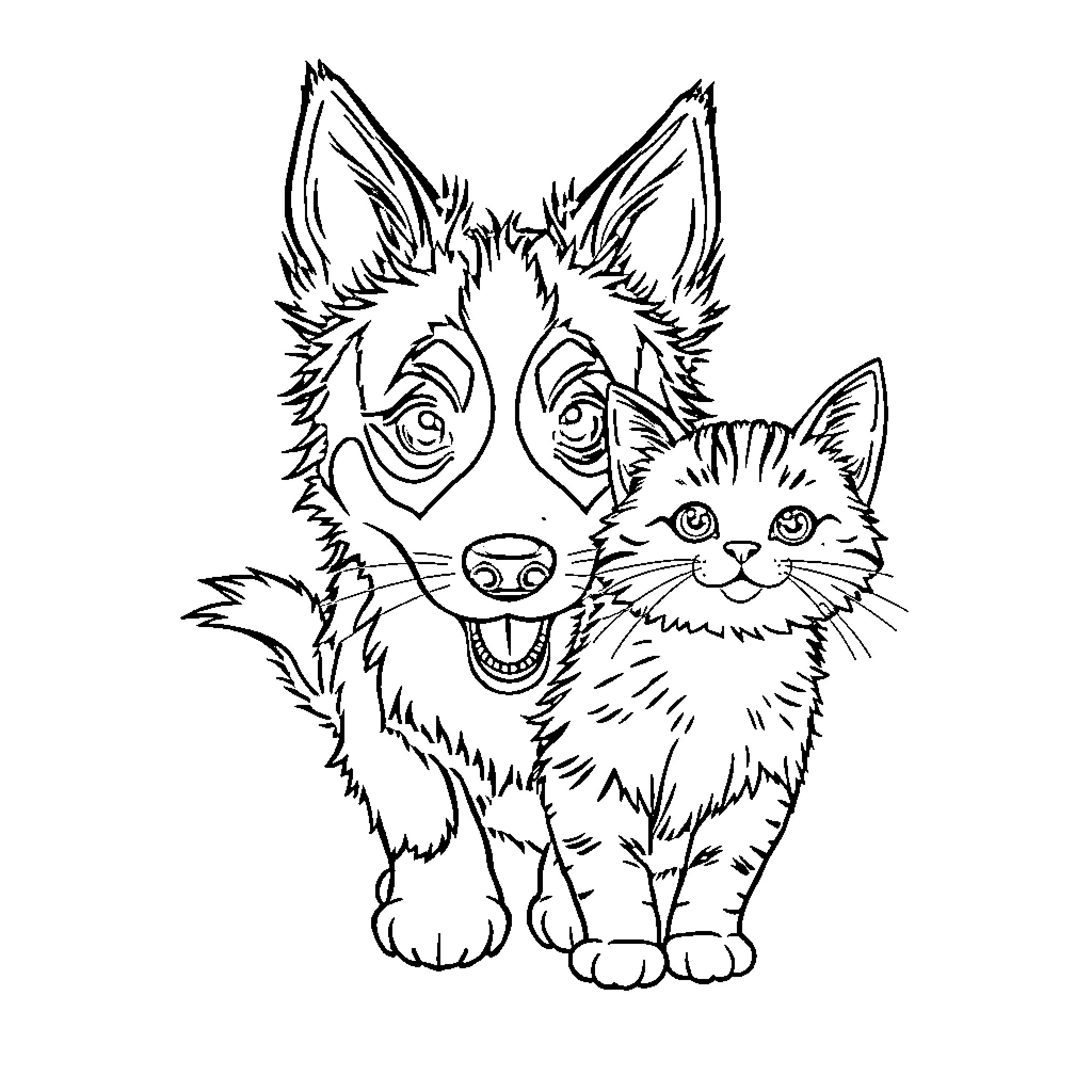 Border Collie and Cat in Playful Interaction Coloring Page (free black-and-white line drawing printable PDF for all, from beginners to advanced learners, including children, teens, adults, and seniors)