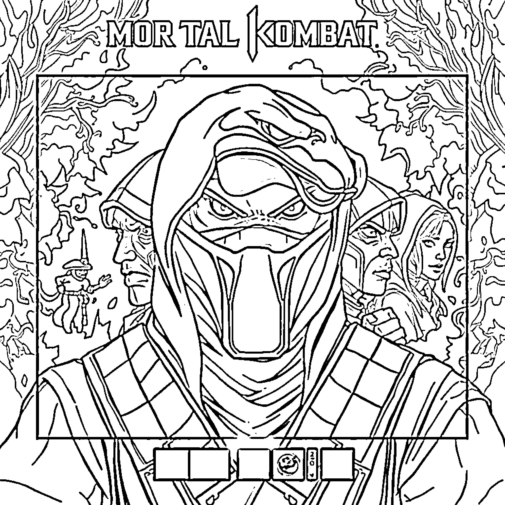 Mortal Kombat: Fierce Warrior in Battle Stance Coloring Page (free black-and-white line drawing printable PDF for all, from beginners to advanced learners, including children, teens, adults, and seniors)