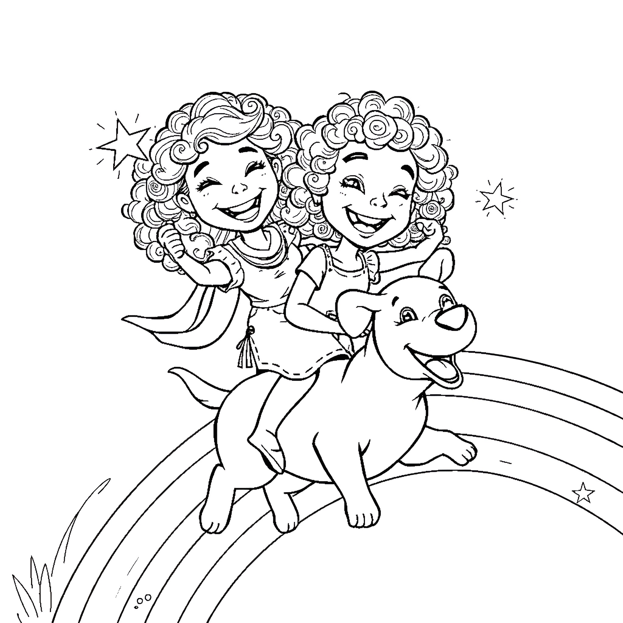 Mom and kids playing happily with pet on rainbow Coloring Page (free black-and-white line drawing printable PDF for all, from beginners to advanced learners, including children, teens, adults, and seniors)