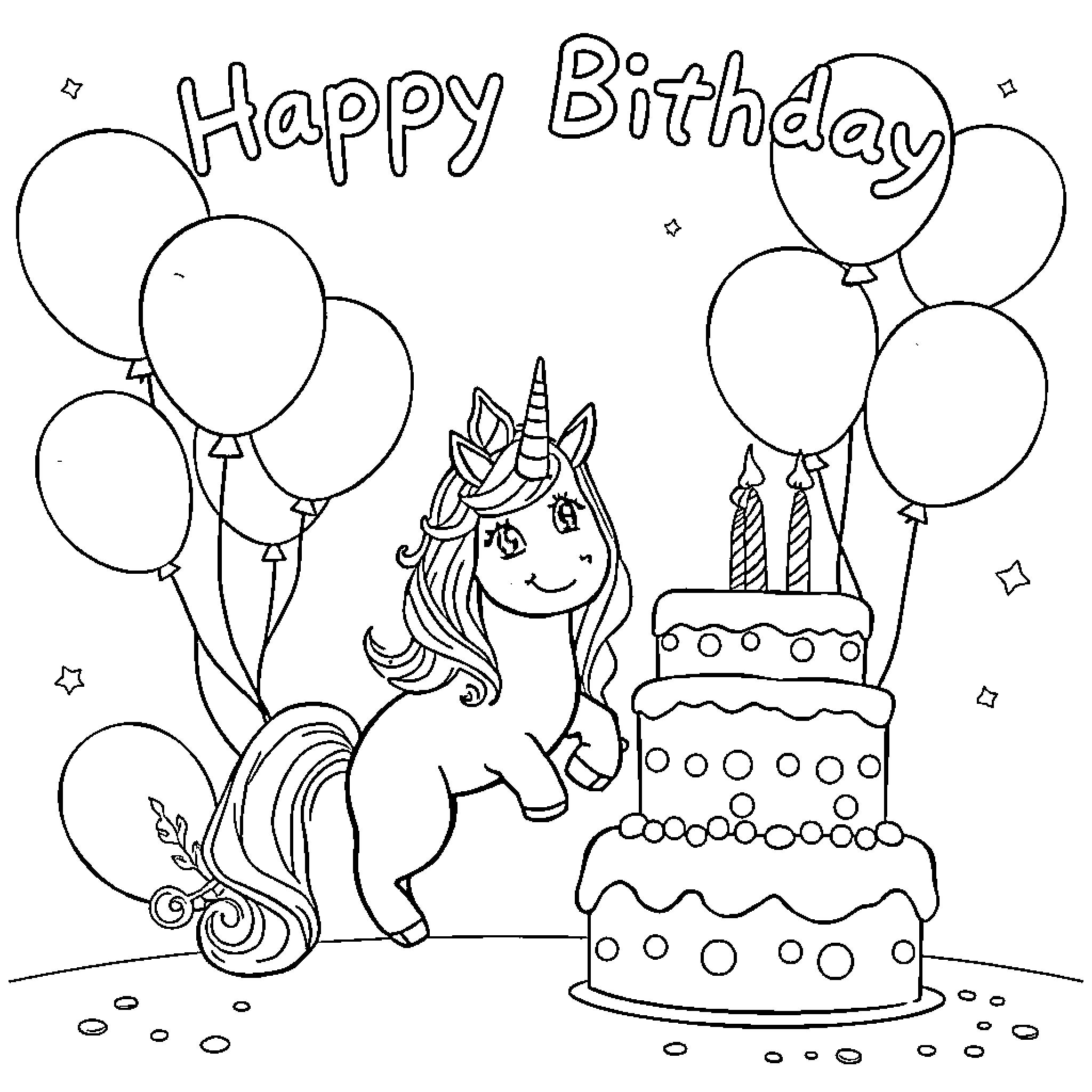 Unicorn celebrating a joyful birthday party Coloring Page (free black-and-white line drawing printable PDF for all, from beginners to advanced learners, including children, teens, adults, and seniors)